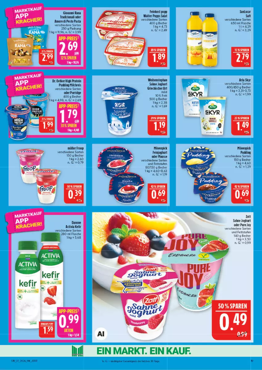 Aktueller Prospekt Marktkauf - Prospekt - von 06.09 bis 12.09.2026 - strona 19 - produkty: activia, arla, arla skyr, Becher, danone, danone activia, Dr. Oetker, eis, feinjoghurt, feinkost, flasche, froop, giovanni rana, joghur, joghurt, Kefir, milch, milchreis, mousse, mövenpick, Müller, müller froop, natur, pasta, pesto, Popp, porridge, pudding, Rana, reis, saft, sahne, sahne joghurt, salat, Skyr, skyy, Ti, vanille, weihenstephan, zott, ZTE