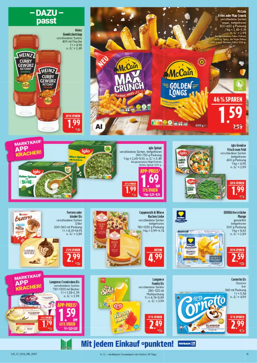 Aktueller Prospekt Marktkauf - Prospekt - von 06.09 bis 12.09.2026 - strona 21 - produkty: Becher, coppenrath, cremissimo, deka, eis, ente, ferrero, flasche, gewürz, heinz, iglo, Kinder, kuchen, langnese, langnese cremissimo, mango, rahm-spinat, reis, sim, spinat, Ti, Weste, würfel, ZTE