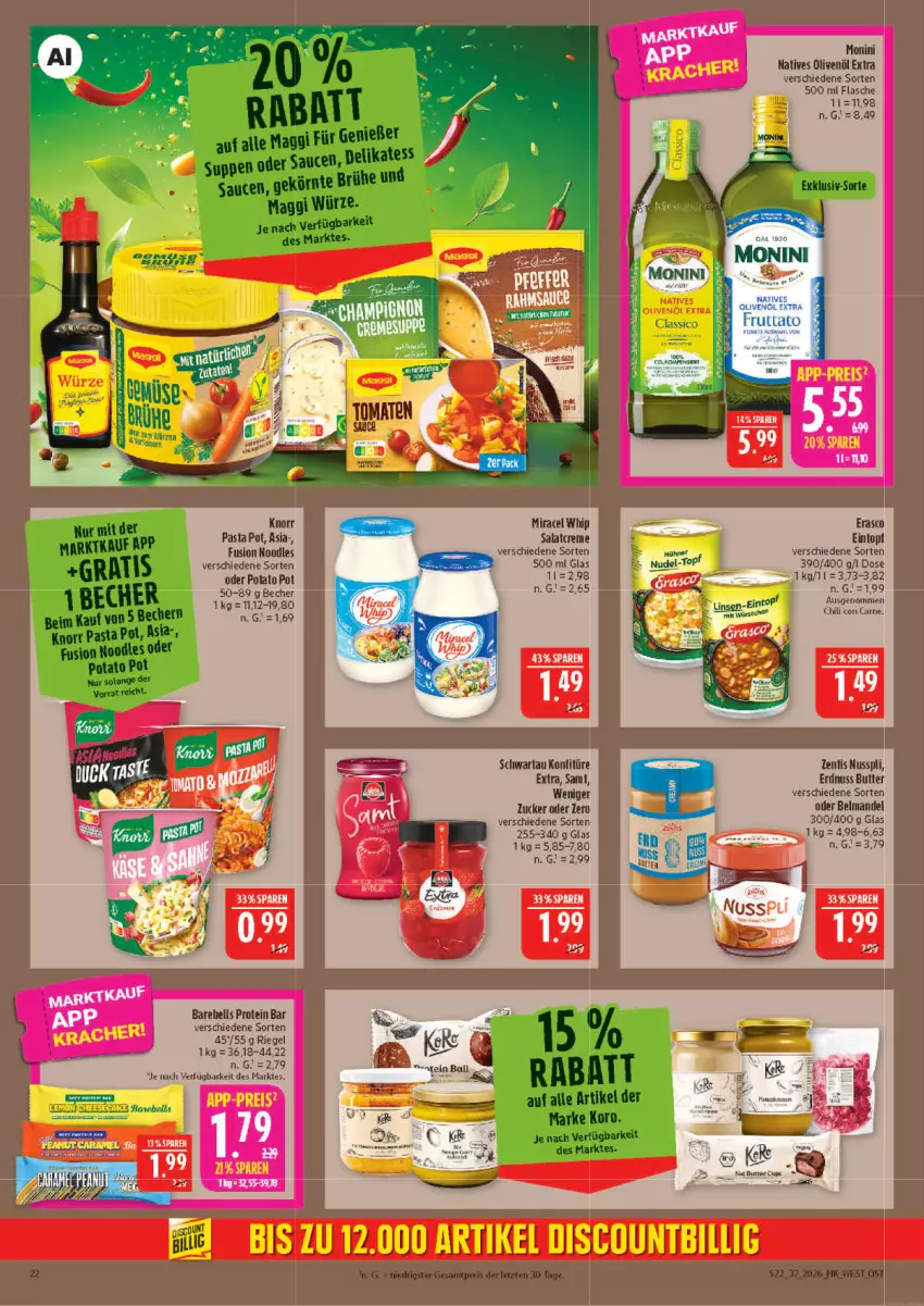 Aktueller Prospekt Marktkauf - Prospekt - von 06.09 bis 12.09.2026 - strona 22 - produkty: Becher, butter, chili, creme, eintopf, erasco, erdnuss, flasche, konfitüre, konfitüre extra, mandel, miracel, miracel whip, natives olivenöl, nuss, nusspli, olive, oliven, olivenöl, olivenöl extra, pasta, rebell, riegel, salat, salatcreme, Schwartau, Ti, topf, zentis, zucker