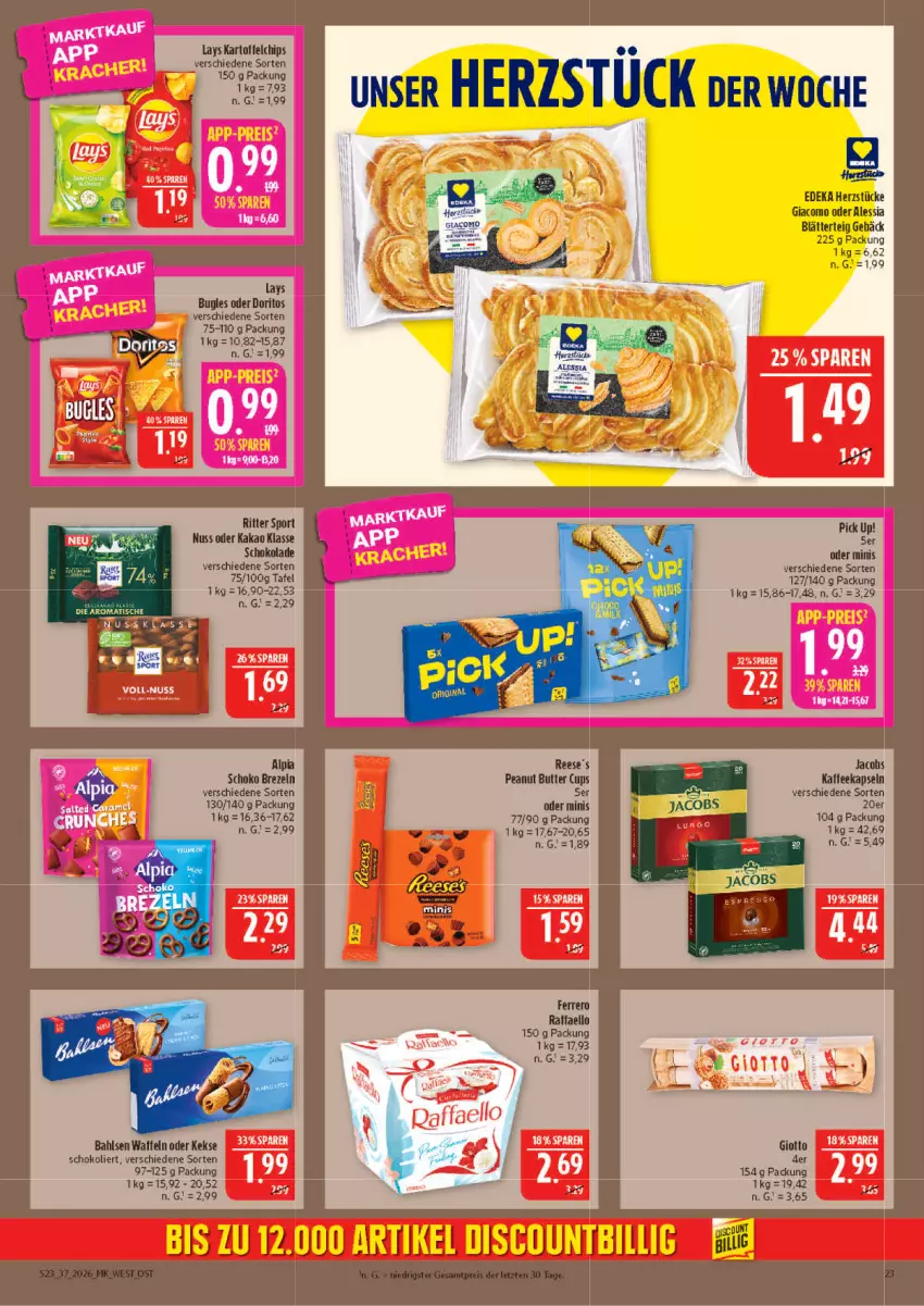 Aktueller Prospekt Marktkauf - Prospekt - von 06.09 bis 12.09.2026 - strona 23 - produkty: alpia, bahlsen, blätterteig, brezel, Brezeln, bugles, butter, chips, deka, Doritos, ferrero, giotto, jacobs, kaffee, kaffeekapseln, kakao, kartoffel, kartoffelchips, keks, kekse, lays, nuss, peanut butter, raffaello, ritter, ritter sport, schoko, schokolade, Sport, waffeln