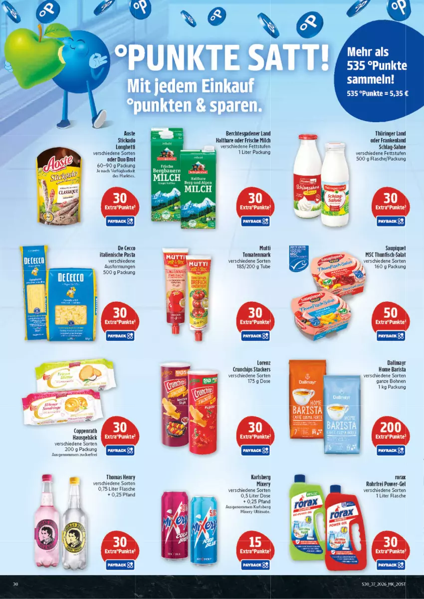 Aktueller Prospekt Marktkauf - Prospekt - von 06.09 bis 12.09.2026 - strona 30 - produkty: aoste stickado, bohne, bohnen, brot, chips, coppenrath, crunchips, dallmayr, De Cecco, ecco, fisch, flasche, frische milch, italienische pasta, karlsberg, karlsberg mixery, lorenz, lorenz crunchips, milch, Mixer, mixery, Mutti, pasta, power-gel, ring, sahne, salat, saupiquet, stickado, thomas henry, thunfisch, Ti, tomate, tomaten, tomatenmark, zucker