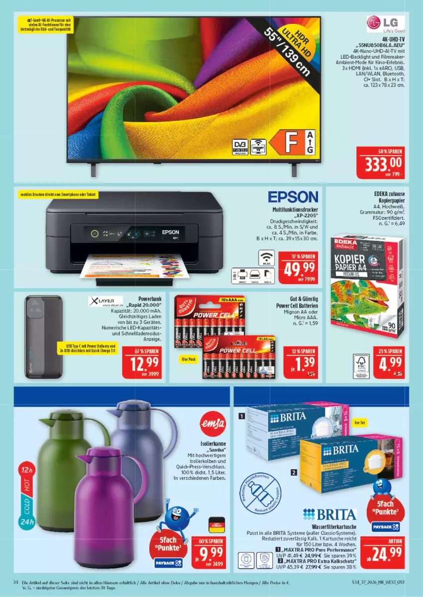 Aktueller Prospekt Marktkauf - Prospekt - von 06.09 bis 12.09.2026 - strona 34 - produkty: Bank, batterie, batterien, brita, deka, drucker, eis, epson, HDMI, isolierkanne, kopierpapier, Maxtra, Mode, multifunktionsdrucker, papier, powerbank, reis, smartphone, tablet, Ti, uhd, UHD-TV, usb, wasser, wasserfilter, ZTE