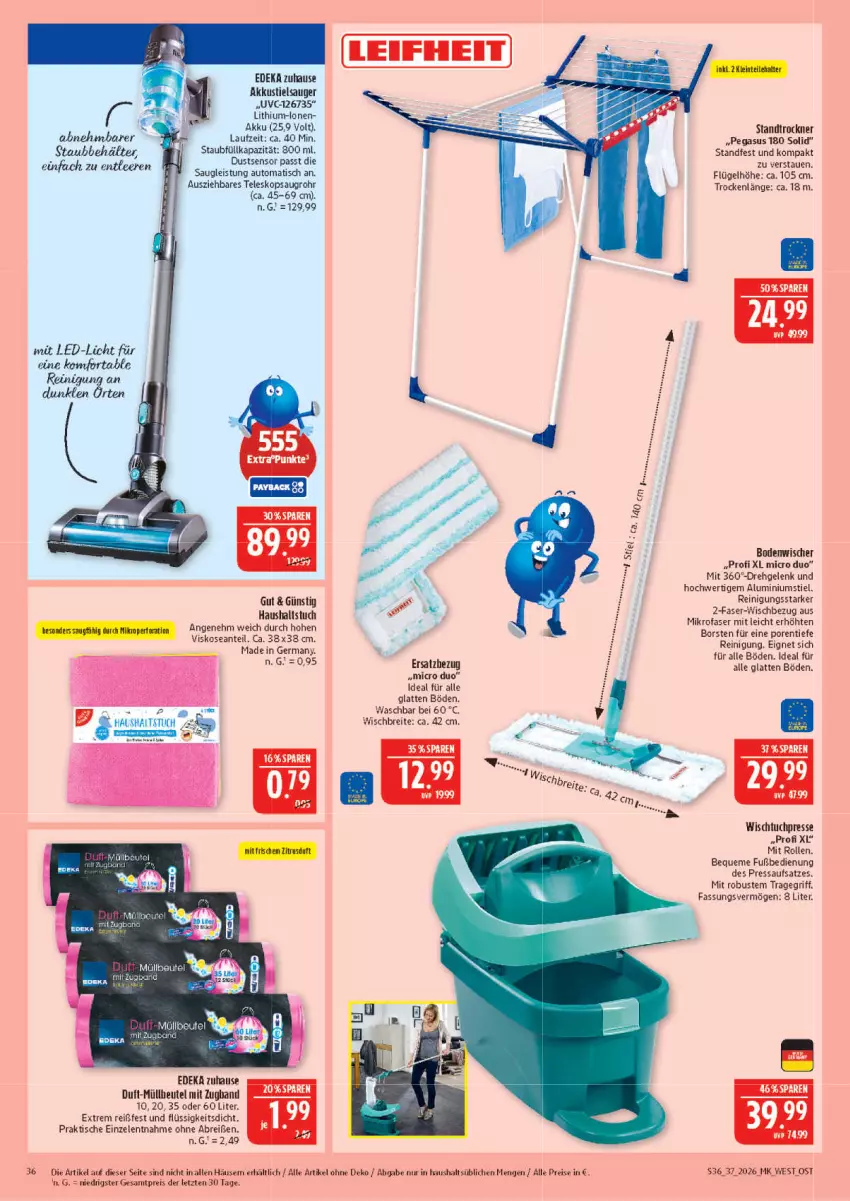 Aktueller Prospekt Marktkauf - Prospekt - von 06.09 bis 12.09.2026 - strona 36 - produkty: akku, asus, auto, Behälter, beutel, bodenwischer, Brei, deka, eis, Germ, HP, latte, led-licht, mikrofaser, müllbeutel, Reinigung, reis, Stielsauger, Teleskop, Ti, tisch, tragegriff, Trockner, tuc, Wischtuchpresse, ZTE
