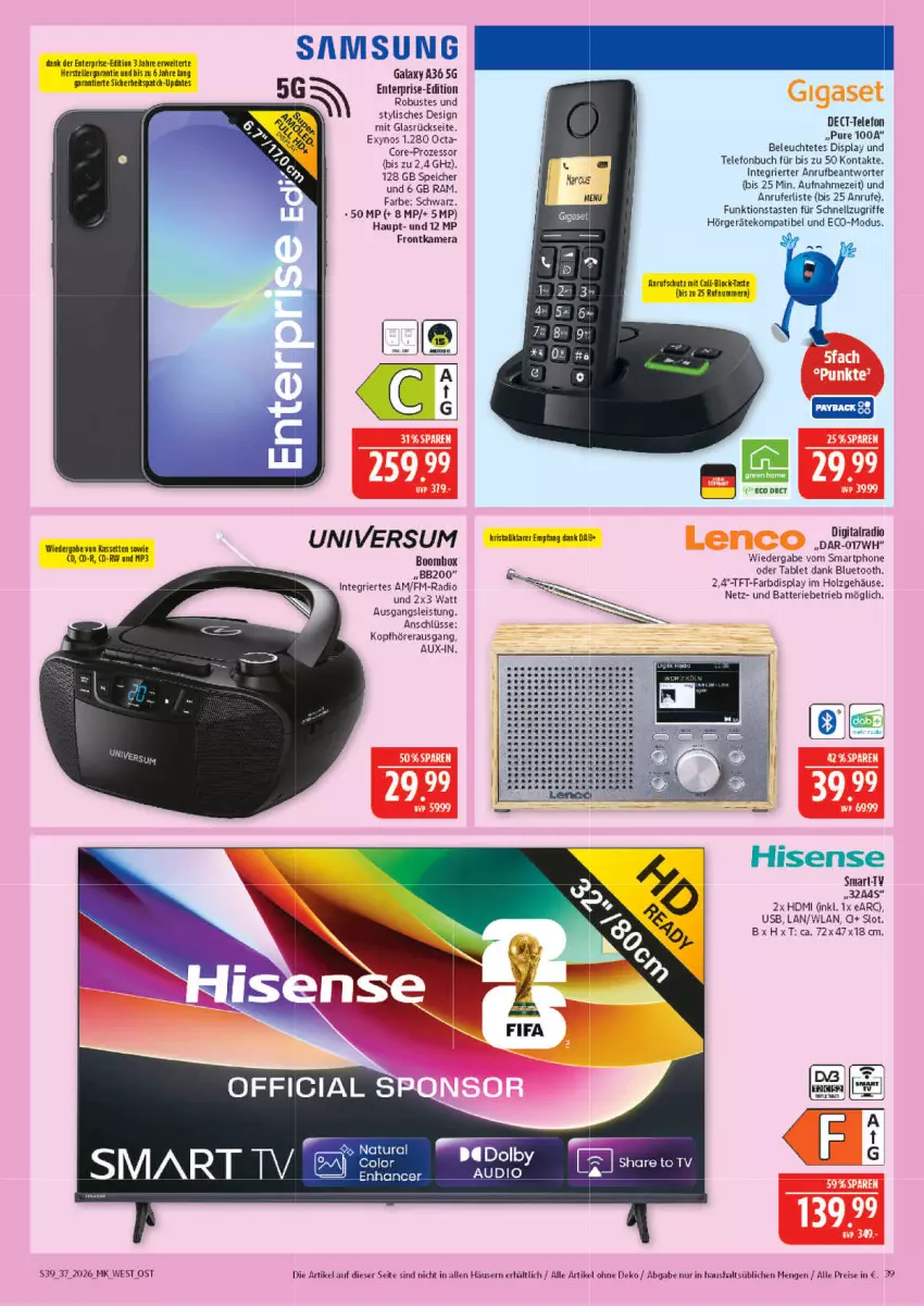 Aktueller Prospekt Marktkauf - Prospekt - von 06.09 bis 12.09.2026 - strona 39 - produkty: batterie, buch, eis, elle, ente, frontkamera, HDMI, hisense, Holz, kamera, kopfhörer, Leuchte, Mp3, Radio, reis, rwe, Samsung, samsung galaxy, Samsung Galaxy A, smartphone, tablet, telefon, teller, tft-farbdisplay, Ti, usb