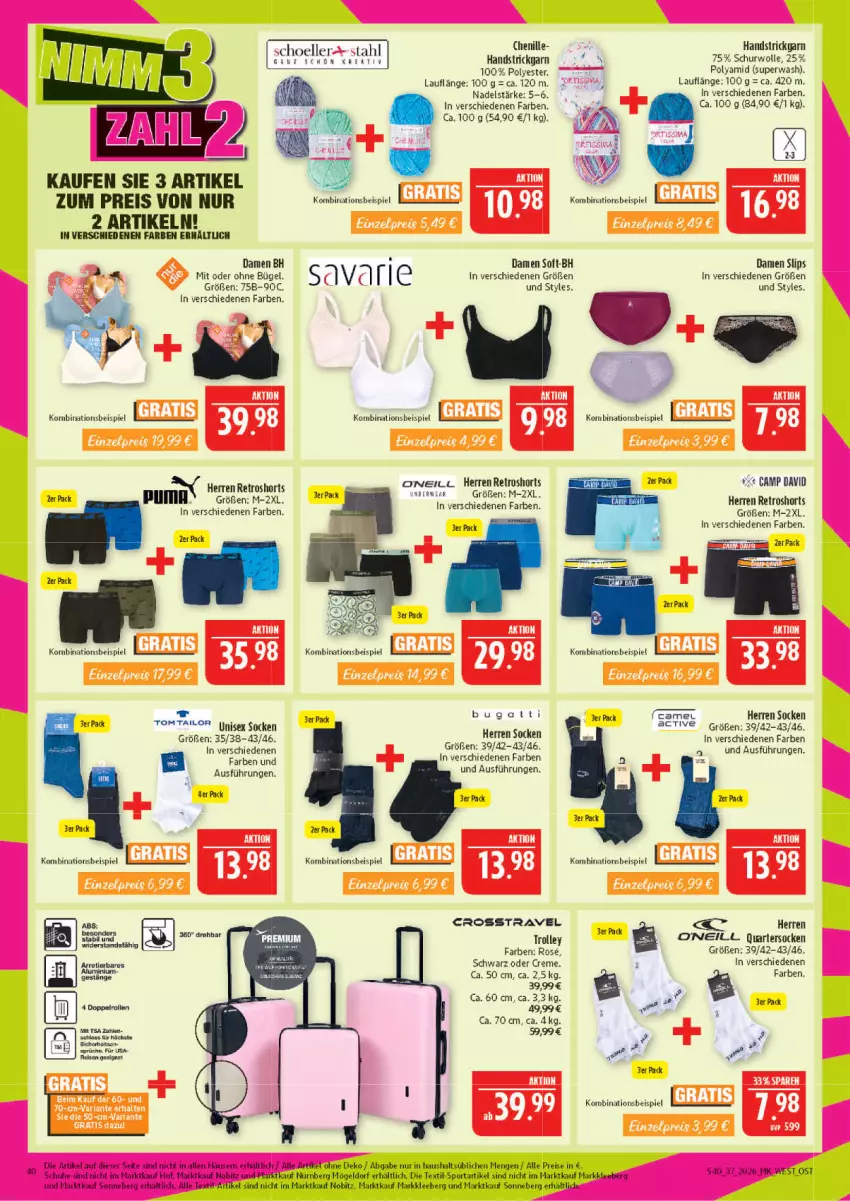 Aktueller Prospekt Marktkauf - Prospekt - von 06.09 bis 12.09.2026 - strona 40 - produkty: bügel, creme, eis, elle, puma, reis, retroshorts, rwe, schuhe, shorts, slip, slips, socken, Sport, Strickgarn, Ti, trolley, wolle