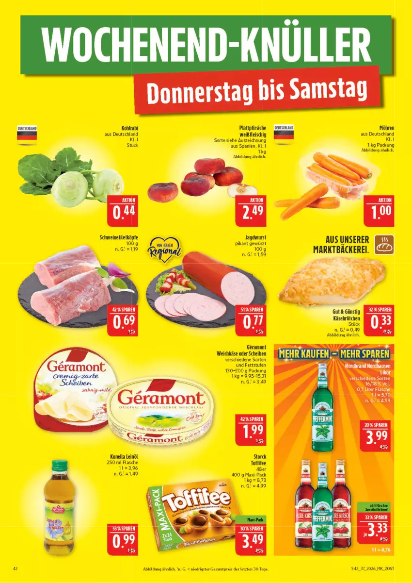 Aktueller Prospekt Marktkauf - Prospekt - von 06.09 bis 12.09.2026 - strona 42 - produkty: eis, filet, flasche, fleisch, gewürz, kohlrabi, leinöl, möhren, pfirsich, pfirsiche, plattpfirsiche, reis, schwein, schweine, schweinefilet, storck, toffifee, wein, weine, wurst, ZTE
