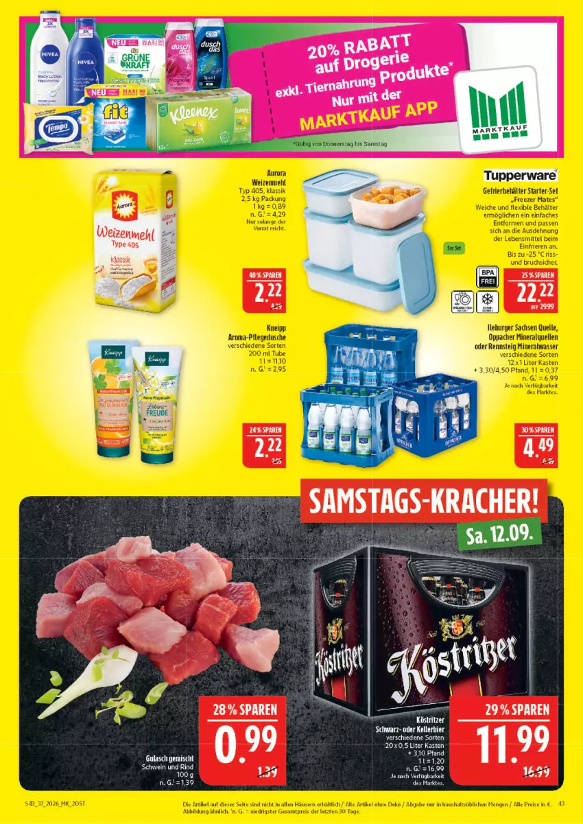 Aktueller Prospekt Marktkauf - Prospekt - von 06.09 bis 12.09.2026 - strona 43 - produkty: Alwa, Behälter, burger, dusche, eis, elle, gulasch, kneipp, lebensmittel, mehl, mineralwasser, pflegedusche, reis, sac, Ti, Tupperware, wasser, weizenmehl, ZTE