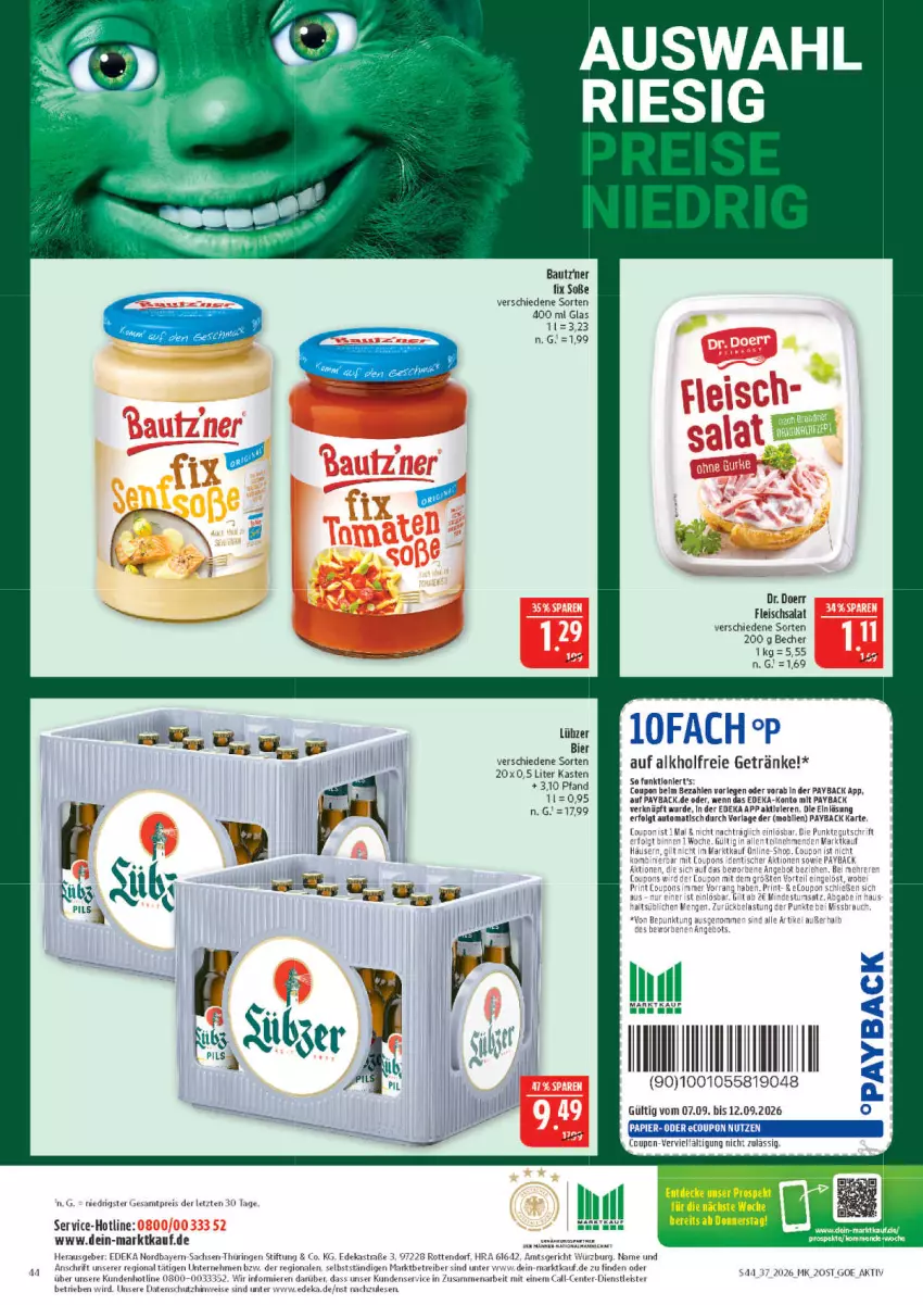 Aktueller Prospekt Marktkauf - Prospekt - von 06.09 bis 12.09.2026 - strona 44 - produkty: Astra, auto, Bau, Becher, bier, coupon, coupons, deka, eis, ente, fleisch, fleischsalat, getränk, getränke, LG, payback, reis, ring, sac, salat, Soße, Ti, tisch, ZTE