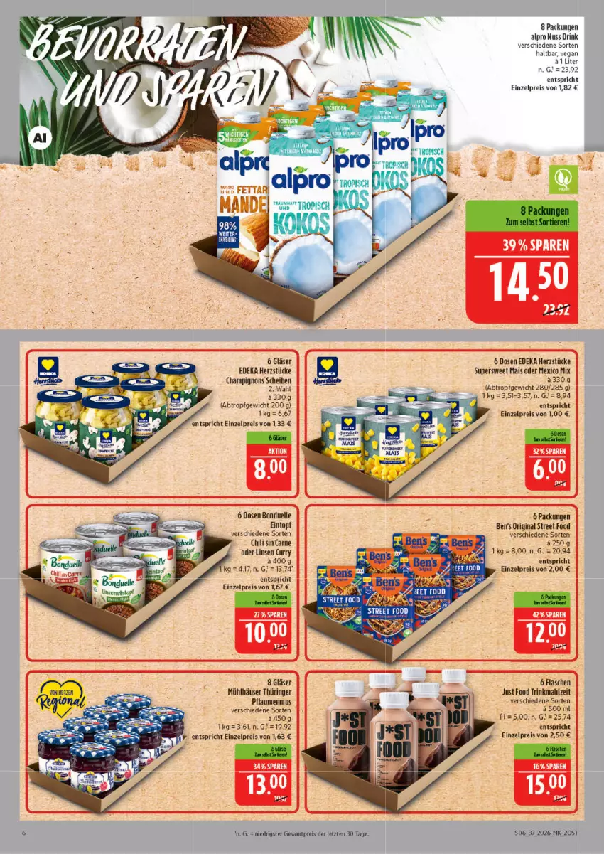 Aktueller Prospekt Marktkauf - Prospekt - von 06.09 bis 12.09.2026 - strona 6 - produkty: alpro, Ben’s Original, bonduelle, champignon, champignons, chili, curry, deka, drink, eintopf, eis, elle, flasche, gin, Gläser, linsen, mais, mühlhäuser, nuss, pflaume, pflaumen, pflaumenmus, reis, ring, topf, ZTE
