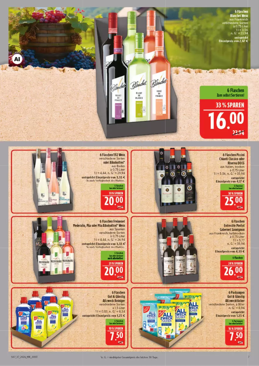 Aktueller Prospekt Marktkauf - Prospekt - von 06.09 bis 12.09.2026 - strona 7 - produkty: alkohol, Allzwecktücher, Bad, cabernet, cabernet sauvignon, chia, chianti, classico, eier, eis, flasche, freixenet, merl, merlot, reiniger, reis, sauvignon, Ti, Tiere, tücher, weck, wein, ZTE