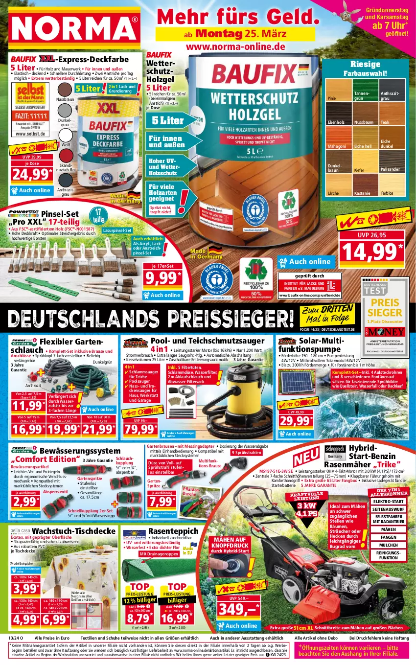 Aktueller Prospekt Norma - Norma - von 25.03 bis 01.04.2024 - strona 1 - produkty: adapter, asti, auer, auto, batterie, Bau, Bebe, braun, brause, Brei, decke, dell, dusche, eis, Elektro, elle, ente, Garten, Gartenbrause, gartenschlauch, gin, Holz, holzschutz, HP, kraft, lack, Lacke, ladegerät, lamm, LG, Mode, nuss, pflanze, pflanzen, Pinsel, pool, rasen, rasenmäher, Rauch, Reinigung, reis, reiss, riegel, rwe, sac, Schal, schlauch, schuhe, Spiele, teppich, Ti, tisch, tischdecke, Trockensauger, tuc, Tüte, uhr, wachstuch, wasser, wasserfilter, ZTE