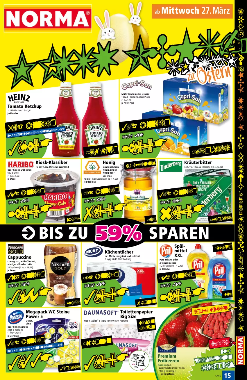 Aktueller Prospekt Norma - Norma - von 25.03 bis 01.04.2024 - strona 15 - produkty: beere, beeren, blume, blumen, bügel, Cap, cappuccino, cin, cola, eis, erdbeere, erdbeeren, flasche, früchte, Holz, honig, ketchup, kräuter, küche, Küchen, küchentücher, latte, lavendel, LG, orange, papier, pfirsich, pfirsiche, reis, sonnenblume, sonnenblumen, spülmittel, Ti, tiefpreis, toilettenpapier, tomato ketchup, tücher, vita, wein, zitrone, zitronen