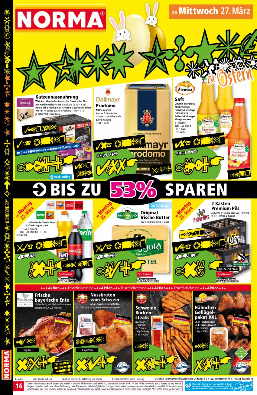 Aktueller Prospekt Norma - Norma - von 25.03 bis 01.04.2024 - strona 16 - produkty: ananas, Bebe, braten, butter, eis, elle, ente, erfrischungsgetränk, feinster spitzenkaffee, fisch, flasche, fleisch, Geflügel, gelee, getränk, gewürz, gin, irische butter, kaffee, küche, Küchen, kühlregal, lebensmittel, mango, Nassnahrung, ndk, nuss, orange, paprika, pils, premium pils, prodomo, regal, reis, Ria, Rückensteak, rückensteaks, saft, sauce, schwein, schweine, sheba, Spezi, steak, steaks, Ti, vita, wein, weine, whiskas