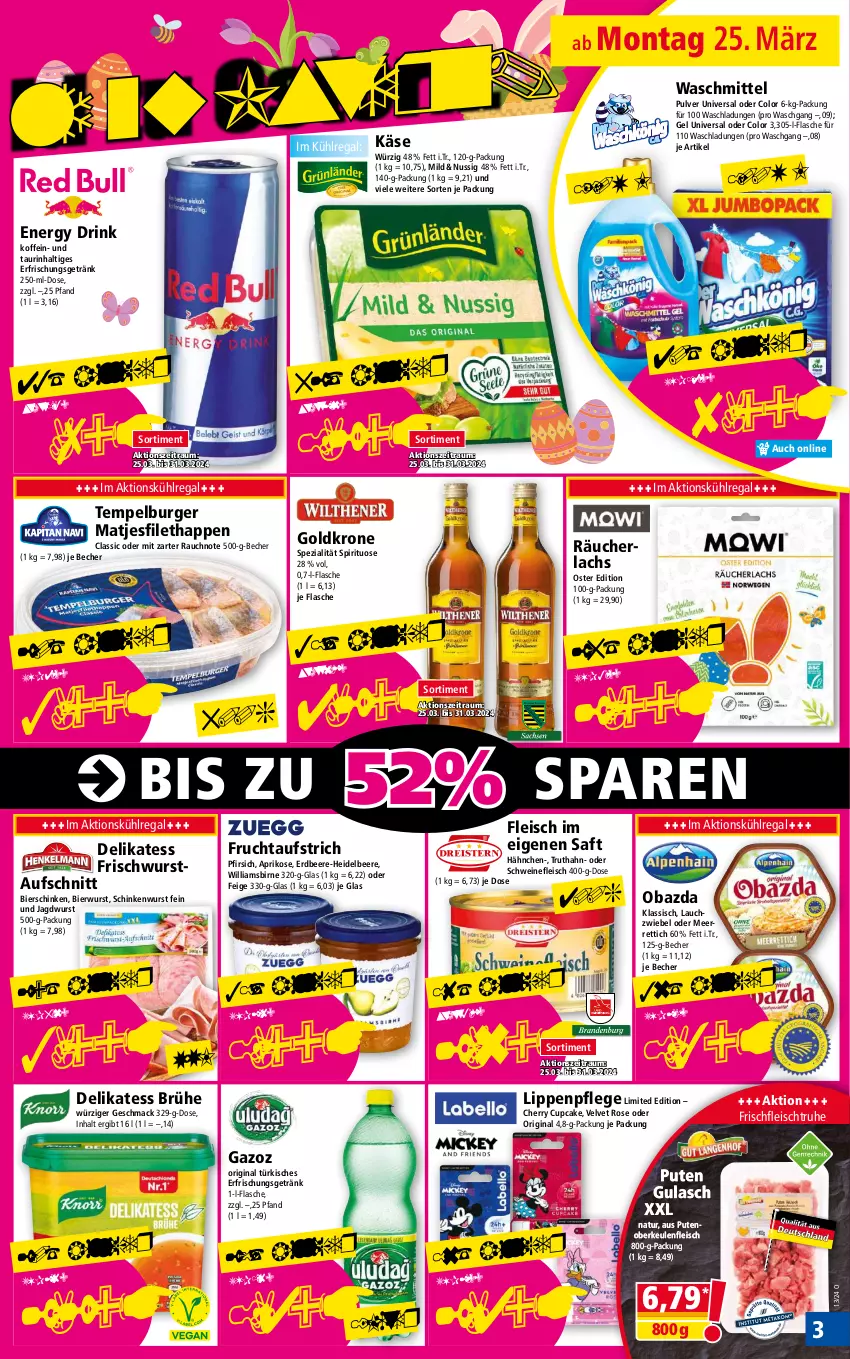 Aktueller Prospekt Norma - Norma - von 25.03 bis 01.04.2024 - strona 3 - produkty: aprikose, aufschnitt, aufstrich, Becher, beere, bier, bierschinken, Brühe, burger, drink, eis, energy drink, erdbeere, erfrischungsgetränk, filet, flasche, fleisch, frucht, fruchtaufstrich, getränk, gin, goldkrone, gulasch, heidelbeere, jagdwurst, Käse, krone, kühlregal, lachs, Lauchzwiebel, Lippenpflege, mac, matjes, Matjesfilet, meerrettich, natur, nuss, obazda, pfirsich, pute, Putenoberkeule, Rauch, Räucherlachs, regal, Rettich, saft, schinken, schinkenwurst, schwein, schweine, schweinefleisch, Spezi, Ti, truthahn, velvet, waschmittel, wein, weine, wurst, zwiebel