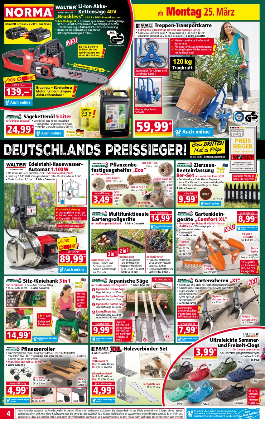 Aktueller Prospekt Norma - Norma - von 25.03 bis 01.04.2024 - strona 4 - produkty: adapter, akku, aqua, auer, aust, auto, Bank, Bau, Bebe, bett, boss, braun, Brei, bürste, bürsten, Clogs, edelstahl, eis, elle, ente, Garten, Gartenschere, gin, gsw, Holz, HP, Hylo, Kette, kokos, kraft, Kugel, ladegerät, latte, LG, Meister, mint, natur, ndk, papier, pflanze, pflanzen, reis, reiss, Ria, ring, Roller, säge, Schere, schlauch, schnellladegerät, Spezi, Sport, Ti, Tiere, tisch, transportkarre, wasser, werkzeug, Yo