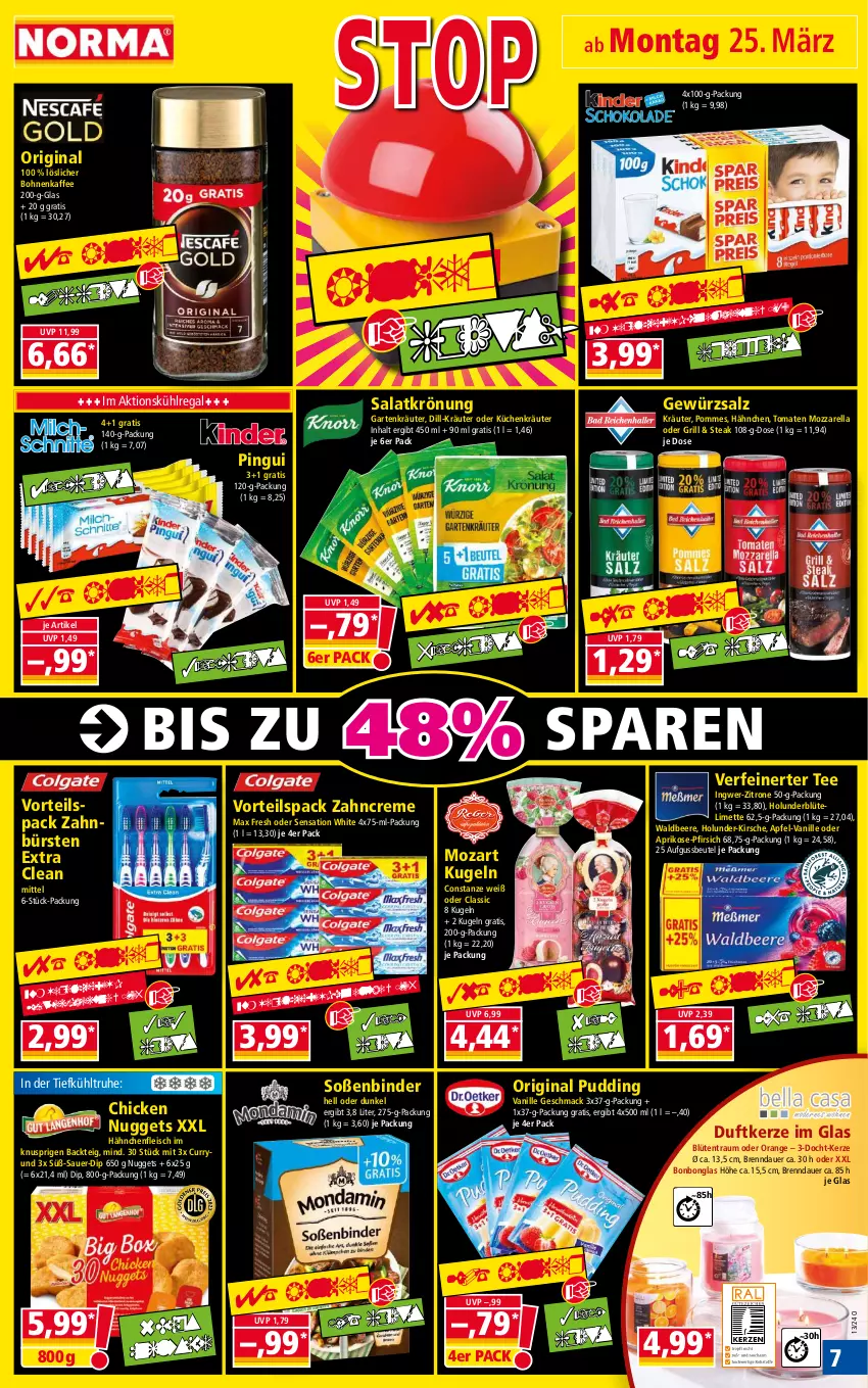 Aktueller Prospekt Norma - Norma - von 25.03 bis 01.04.2024 - strona 7 - produkty: apfel, aprikose, auer, beere, beutel, Blüte, bohne, bohnen, bohnenkaffee, Bonbonglas, bürste, bürsten, chicken nuggets, creme, curry, dip, Duftkerze, eis, fleisch, Garten, gewürz, gewürzsalz, gin, grill, Hähnchenfleisch, holunder, ingwer, kaffee, kerze, kirsch, kirsche, kräuter, küche, Küchen, Kugel, kühlregal, limette, löslicher bohnenkaffee, mac, Max Fresh, Mett, mozzarella, nuggets, orange, pfirsich, pingui, pommes, pudding, regal, reis, rel, salat, salatkrönung, salz, Soße, steak, tee, Ti, tomate, tomaten, vanille, zahnbürste, zahnbürsten, zahncreme, Zelt, zitrone