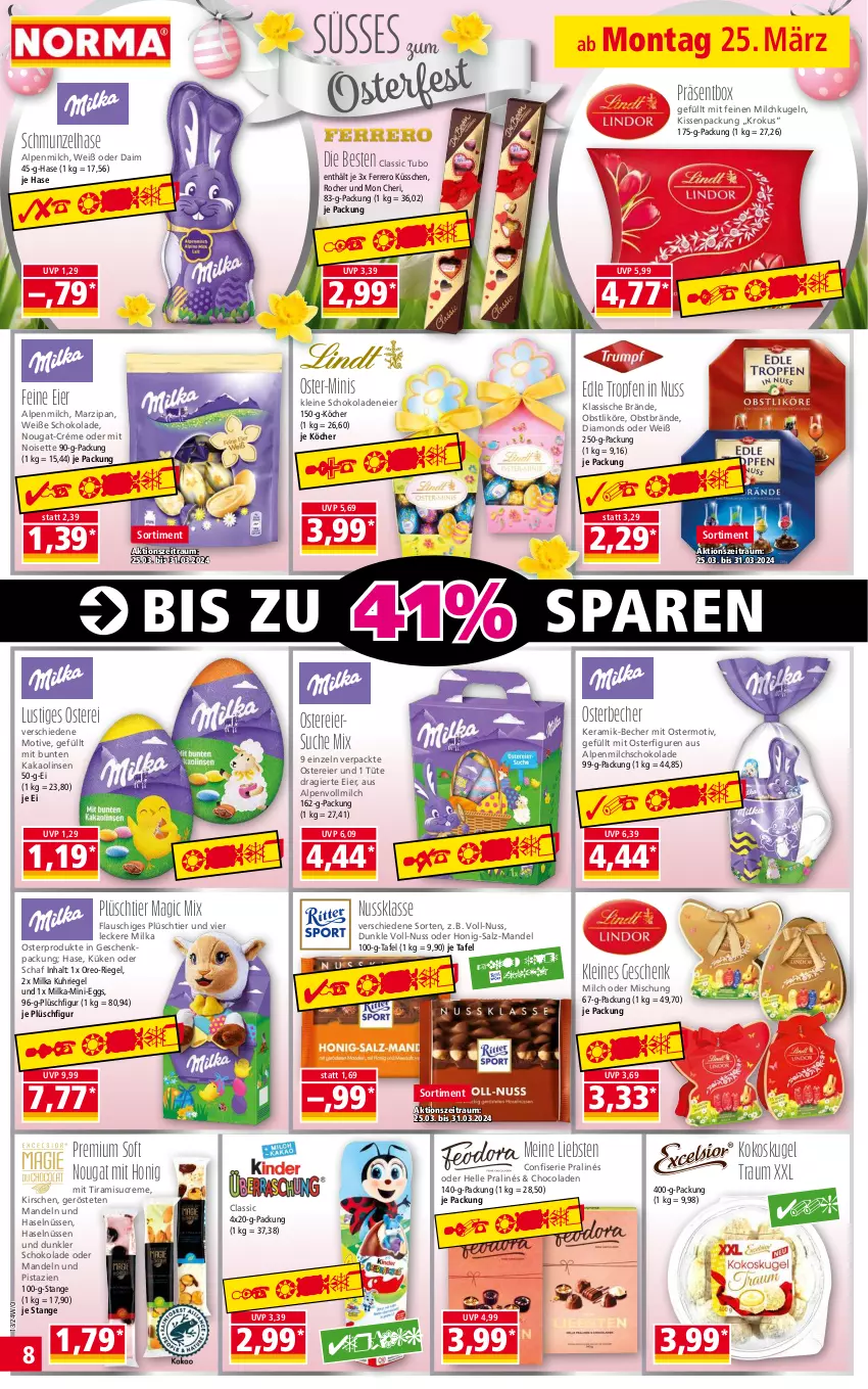 Aktueller Prospekt Norma - Norma - von 25.03 bis 01.04.2024 - strona 8 - produkty: alpenmilch, Becher, cola, creme, daim, eier, elle, ferrero, Ferrero Küsschen, geschenkpackung, honig, kakao, kirsch, kirsche, kirschen, kissen, kokos, Kugel, leine, likör, linsen, Lusti, mandel, mandeln, marzipan, milch, milka, nuss, obst, oreo, pistazien, Plüsch, riegel, salz, schoko, schokolade, schokoladen, Ti, tiramisu, Tüte, uhr, vollmilch, Weiße Schokolade