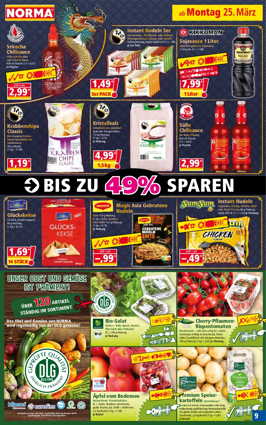 Aktueller Prospekt Norma - Norma - von 25.03 bis 01.04.2024 - strona 9 - produkty: beef, beutel, bio, bonita, braten, chili, chips, cola, Duck, eis, ente, erde, feldsalat, flasche, fleisch, frucht, früchte, fruchtfleisch, hühner, kartoffel, kartoffeln, keks, kekse, Kristallsalz, latte, LG, mac, mit gemüse, natur, nerf, nudel, nudeln, obst, Obst und Gemüse, pflaume, pflaumen, reis, rind, rindfleisch, rispentomaten, rucola, saft, salat, salz, sauce, Schal, Schale, snack, soja, sojasauce, speisekartoffeln, Spezi, spinat, Sriracha, Ti, tiefpreis, tomate, tomaten, und gemüse, Vegeta