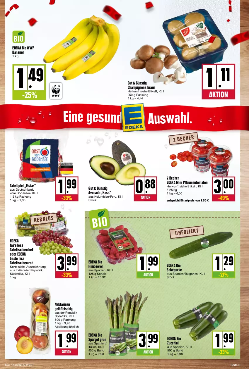 Aktueller Prospekt Kupsch - Angebote der Woche - von 25.04 bis 30.04.2022 - strona 3 - produkty: avocado, banane, bananen, Becher, beere, beeren, bio, braun, champignon, champignons, champignons braun, deka, edeka bio, eis, fleisch, gurke, himbeer, himbeere, himbeeren, LG, Nektar, nektarinen, pflaume, pflaumen, reis, salat, Salatgurke, Schal, Schale, spargel, spargel grün, tafeläpfel, tafeltrauben, Ti, tomate, tomaten, trauben, zucchini