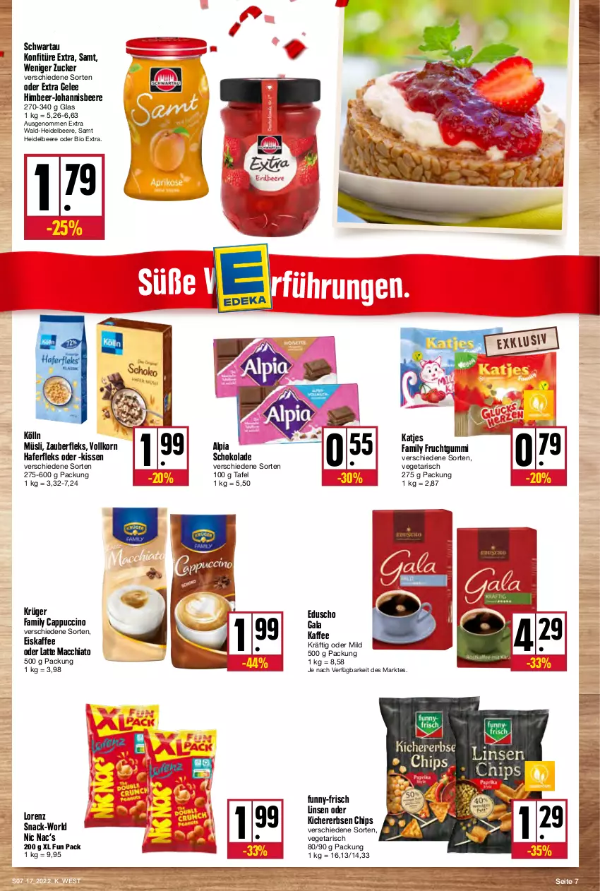 Aktueller Prospekt Kupsch - Angebote der Woche - von 25.04 bis 30.04.2022 - strona 7 - produkty: ACC, alpia, beere, bio, Cap, cappuccino, chia, chips, cin, eduscho, eis, eiskaffee, erbsen, frucht, fruchtgummi, funny-frisch, gelee, hafer, haferfleks, heidelbeere, himbeer, johannisbeere, kaffee, katjes, kichererbsen, Kichererbsen Chips, kissen, kölln, konfitüre, konfitüre extra, korn, krüger, latte, latte macchiato, linsen, lorenz, mac, macchiato, müsli, schoko, schokolade, Schwartau, snack, Ti, Vegeta, zucker