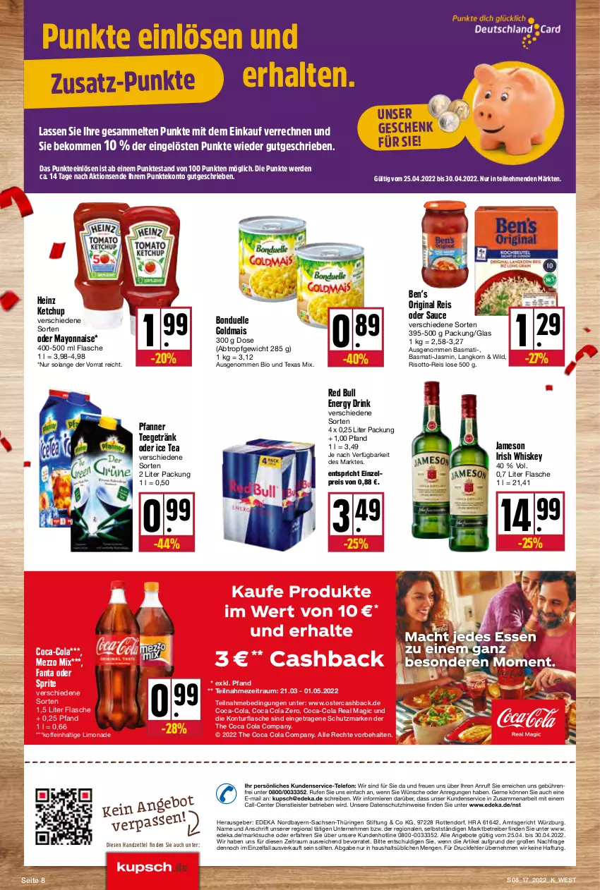 Aktueller Prospekt Kupsch - Angebote der Woche - von 25.04 bis 30.04.2022 - strona 8 - produkty: angebot, angebote, Astra, basmati, beko, Ben’s Original, bio, bonduelle, bonduelle goldmais, coca-cola, cola, deka, drink, eis, elle, energy drink, ente, erde, fanta, fanta oder, fanta oder sprite, flasche, getränk, gin, Goldmais, heinz, ice tea, irish whiskey, jameson, ketchup, korn, limo, limonade, mais, mayonnaise, Mezzo Mix, oder sprite, pfanne, Pfanner, Rauch, red bull, reis, ring, risotto, sac, sauce, sprite, tee, telefon, Ti, whiskey, Wild, Yo