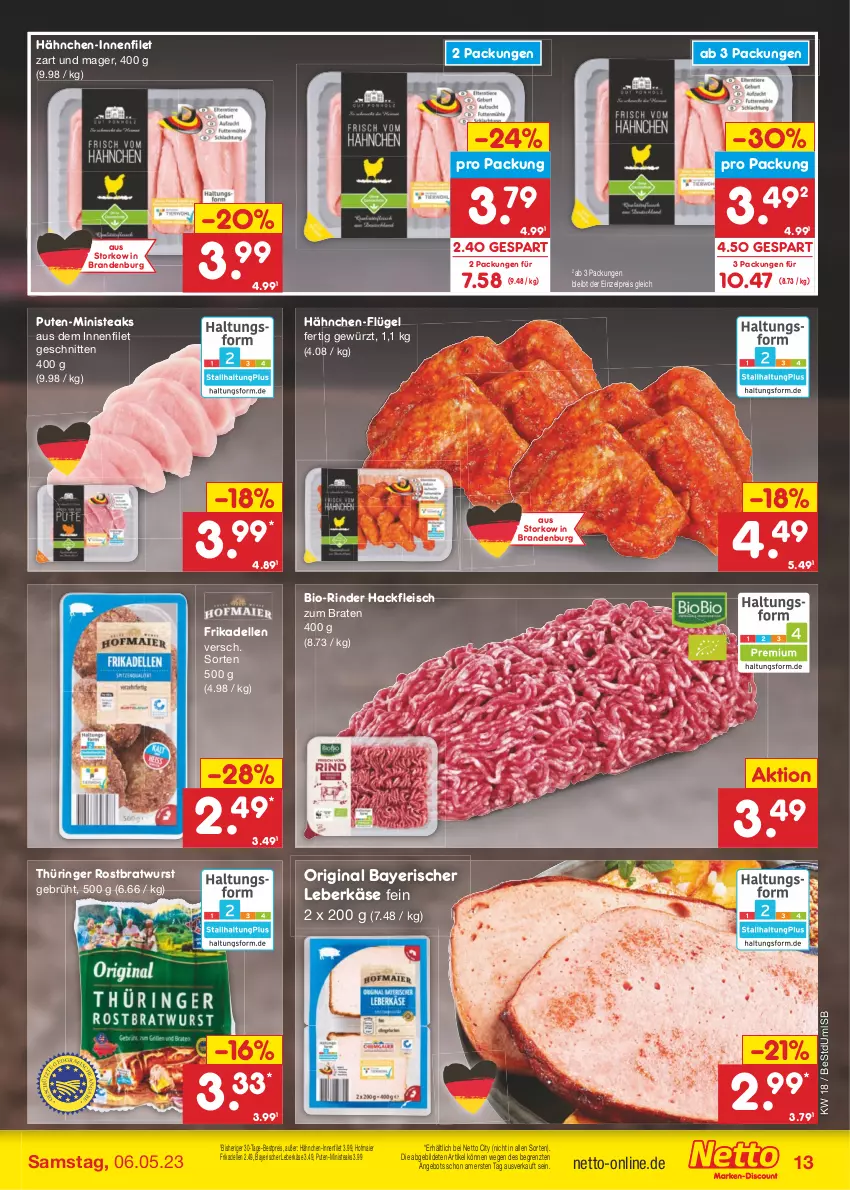 Aktueller Prospekt Netto Marken-Discount - Filial-Angebote - von 02.05 bis 06.05.2023 - strona 13 - produkty: angebot, bestpreis, bio, braten, bratwurst, dell, eis, elle, filet, fleisch, frikadellen, gewürz, gin, hackfleisch, Käse, leberkäs, leberkäse, pute, reis, rind, rinder, ring, rostbratwurst, schnitten, steak, steaks, thüringer rostbratwurst, Ti, wurst, ZTE