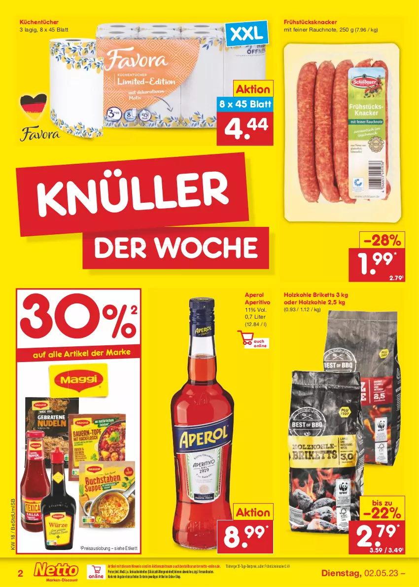 Aktueller Prospekt Netto Marken-Discount - Filial-Angebote - von 02.05 bis 06.05.2023 - strona 2 - produkty: aperol, bestpreis, briketts, eis, Holz, holzkohle, knacker, küche, Küchen, küchentücher, ndk, Rauch, reis, Ti, tücher