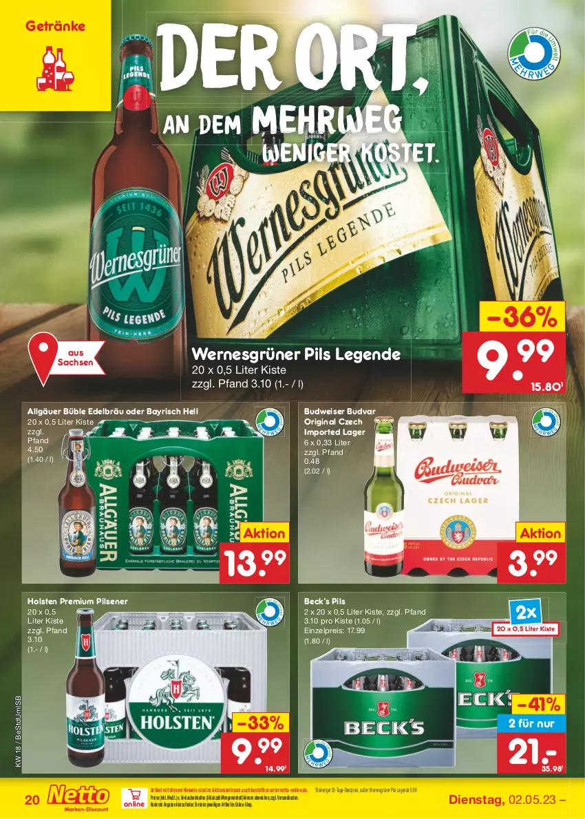 Aktueller Prospekt Netto Marken-Discount - Filial-Angebote - von 02.05 bis 06.05.2023 - strona 20 - produkty: bestpreis, budweiser, eis, getränk, getränke, gin, holsten, LG, ndk, pils, pilsener, premium pils, reis, rwe, sac, Ti