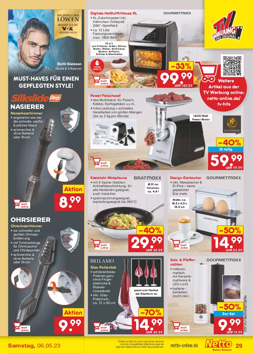 Aktueller Prospekt Netto Marken-Discount - Filial-Angebote - von 02.05 bis 06.05.2023 - strona 29 - produkty: angebot, auto, backofen, batterie, Becher, braten, edelstahl, eier, Eierkocher, eis, elle, fleisch, fritteuse, grill, Haarentfernung, Heißluftfritteuse, herdarten, Kocher, led-licht, Messbecher, Mode, Ofen, pfanne, pfeffer, Pfeffermühle, salz, Spritzgebäck, spülmaschinen, Ti, Tiere, tisch, tuc, wasser, wok, ZTE