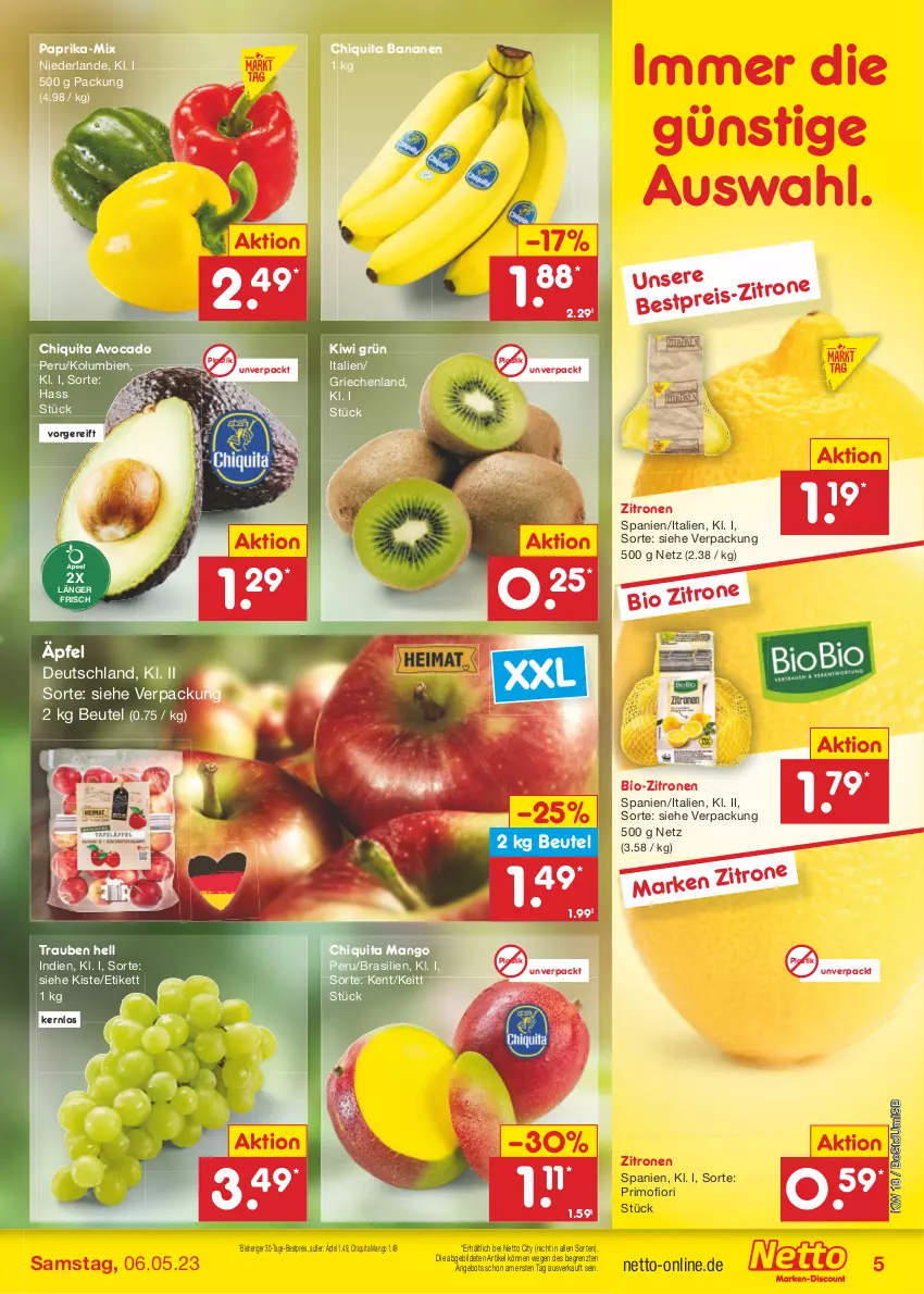 Aktueller Prospekt Netto Marken-Discount - Filial-Angebote - von 02.05 bis 06.05.2023 - strona 5 - produkty: angebot, asti, avocado, banane, bananen, bestpreis, beutel, bio, bio-zitronen, chiquita, eis, kiwi, mango, paprika, reis, Ti, trauben, zitrone, zitronen, ZTE