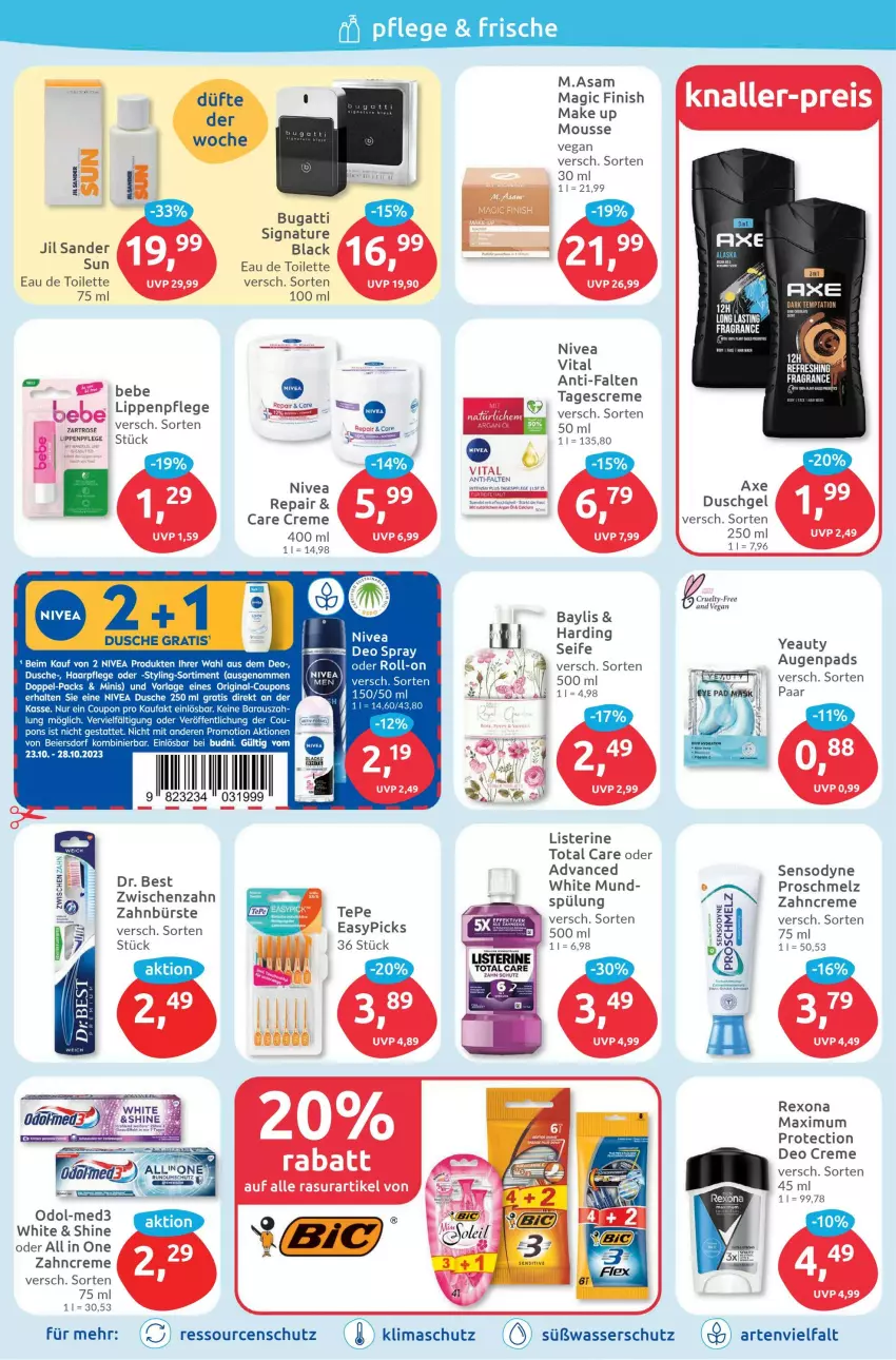 Aktueller Prospekt Budni - Prospekte - von 23.10 bis 28.10.2023 - strona 2 - produkty: axe, Bebe, bugatti, bürste, coupon, coupons, creme, deo, deo spray, dr best, dusche, duschgel, eau de toilette, eier, eis, gin, haarpflege, jil sander, lack, listerine, M.ASAM, make up, mousse, natur, nivea, Odol, reis, rexona, roll-on, Seife, sensodyne, spülung, tagescreme, Tagespflege, tee, Ti, total care, vita, wasser, zahncreme