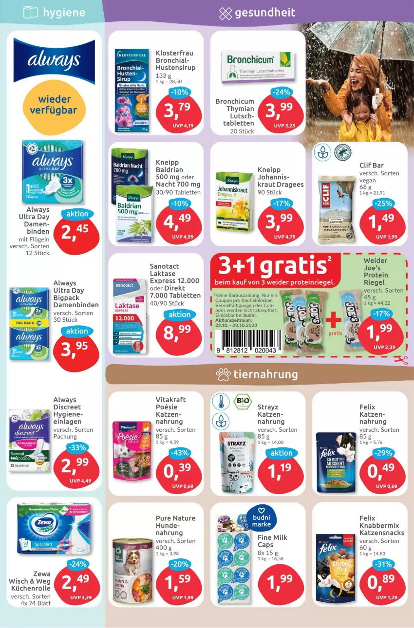 Aktueller Prospekt Budni - Prospekte - von 23.10 bis 28.10.2023 - strona 5 - produkty: Alwa, Always, binden, Bronchicum, Cap, chia, cola, coupon, Damenbinden, Discreet, erde, felix, Johanniskraut, katzensnack, katzensnacks, kneipp, kraft, Kraut, küche, Küchen, küchenrolle, natur, Ria, riegel, sirup, snack, snacks, tablet, tablett, Tablette, tee, Ti, vita, vitakraft, white chocolate, Yo