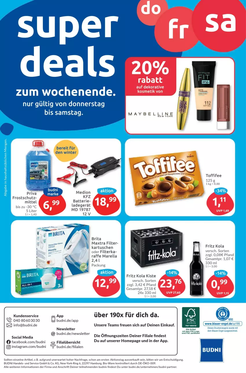 Aktueller Prospekt Budni - Prospekte - von 23.10 bis 28.10.2023 - strona 8 - produkty: auer, batterie, bio, brita, drucker, Engel, fritz, kerze, kosmetik, ladegerät, Maxtra, medion, Omep, rel, ring, Ti, toffifee, trolli, Yo