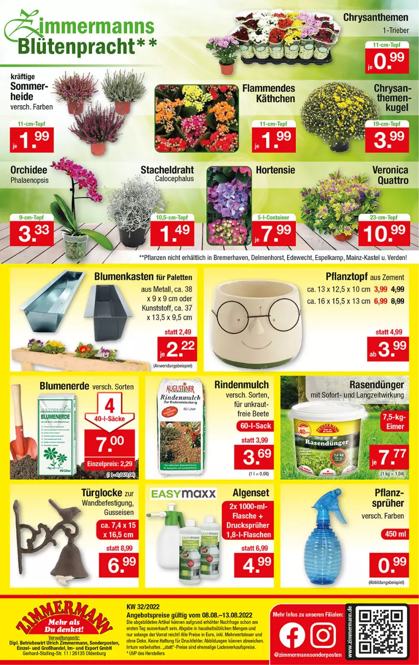 Aktueller Prospekt Zimmermann - Prospekte - von 08.08.2021 bis 13.08.2022 - strona 10 - produkty: angebot, angebotspreis, blume, blumen, blumenerde, Blüte, dip, Draht, eis, elle, erde, Kraut, LG, orchidee, Palette, pflanze, pflanzen, Pflanztopf, phalaenopsis, reis, rind, rindenmulch, rwe, sonderposten, teller, Ti, topf, Zement