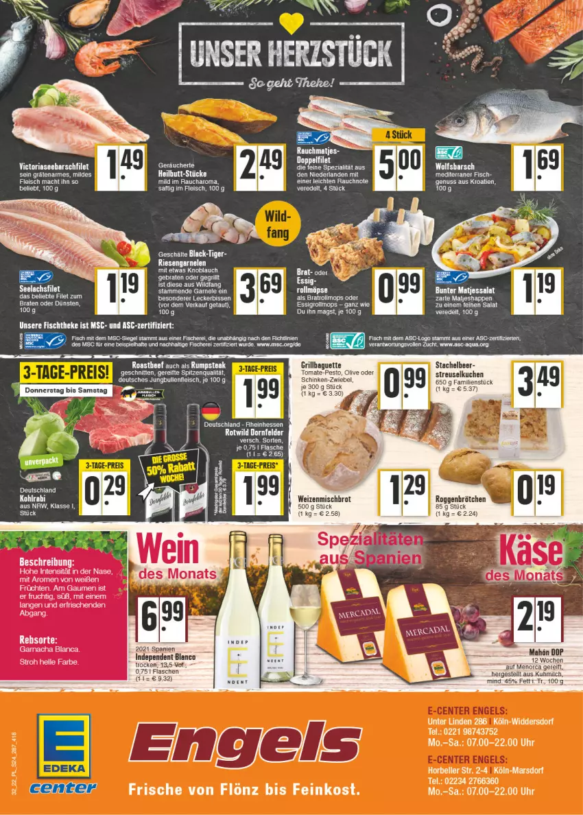 Aktueller Prospekt E Center - Angebote der Woche - von 08.08 bis 13.08.2022 - strona 24 - produkty: aqua, baguette, braten, brot, brötchen, dornfelder, eis, essig, feinkost, filet, fisch, fische, Fischer, flasche, fleisch, frucht, früchte, früchten, garnelen, grill, knoblauch, kuchen, lack, mac, matjes, milch, nuss, olive, pesto, pils, Rauch, Ria, riesengarnelen, roggenbrötchen, saft, salat, Schere, schinken, schnitten, spitzenqualität, Streuselkuchen, tee, Ti, tomate, uhr, weizenmischbrot, Wild, wolfsbarsch, zwiebel