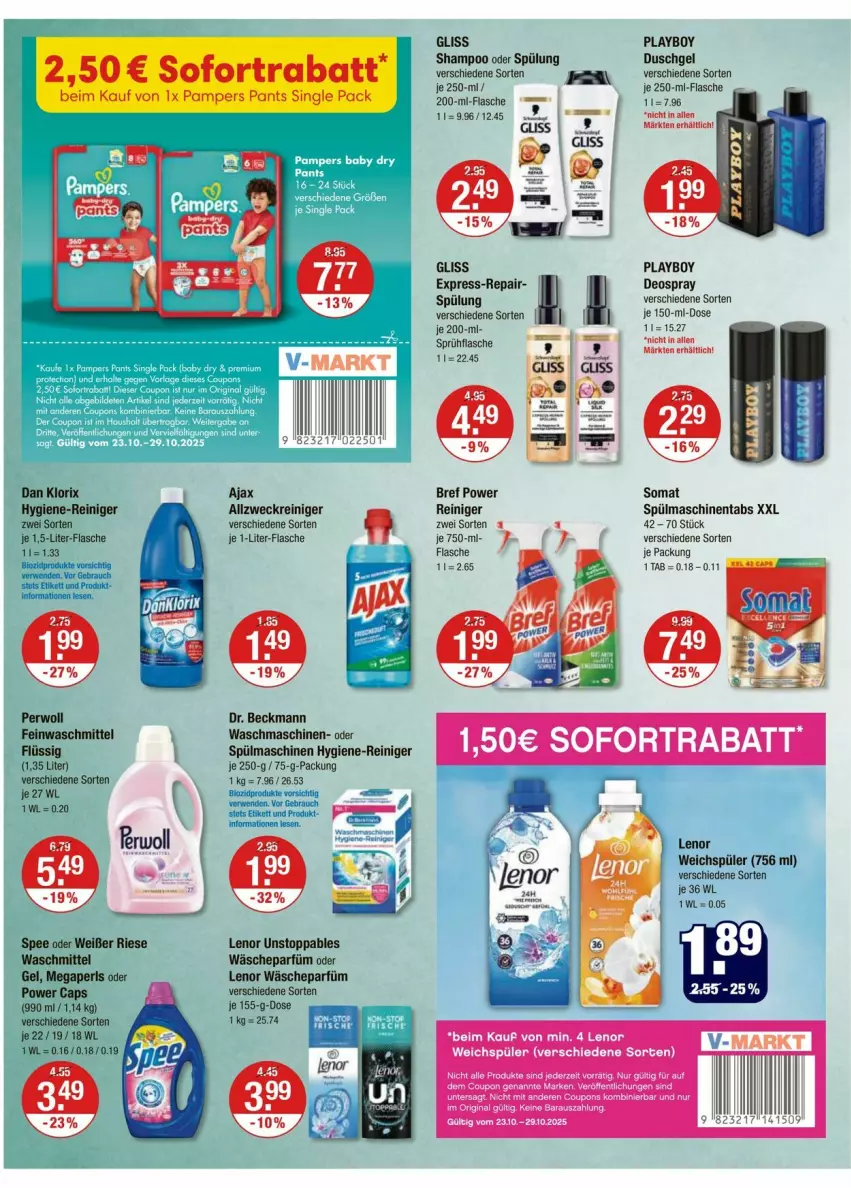 Aktueller Prospekt Vmarkt - Prospekte - von 23.10 bis 29.10.2025 - strona 10 - produkty: ajax, allzweckreiniger, bio, biozidprodukte, Bref, bref power, deo, deospray, Dr. Beckmann, duschgel, flasche, gliss, hygiene-reiniger, je 1-liter-flasche, lenor, lenor weichspüler, Playboy, Rauch, reiniger, rel, rwe, shampoo, shampoo oder spülung, somat, spülmaschinen, spülmaschinentabs, spülung, Ti, wäscheparfüm, waschmaschine, waschmaschinen, weck, weichspüler