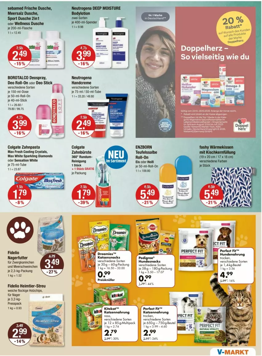 Aktueller Prospekt Vmarkt - Prospekte - von 23.10 bis 29.10.2025 - strona 11 - produkty: beutel, Borotalco, bürste, chips, colgate, creme, deo, deo roll-on, deospray, dreamies, dusche, eis, flasche, handcreme, Holz, hundenahrung, hundesnack, hundesnacks, katzennahrung, katzensnack, katzensnacks, LG, Max Fresh, Max White, Nagerfutter, neutrogena, pasta, pedigree, Perfect Fit, Reinigung, reis, roll-on, schwein, snack, snacks, Sport, Ti, wein, zahnbürste, zahnpasta