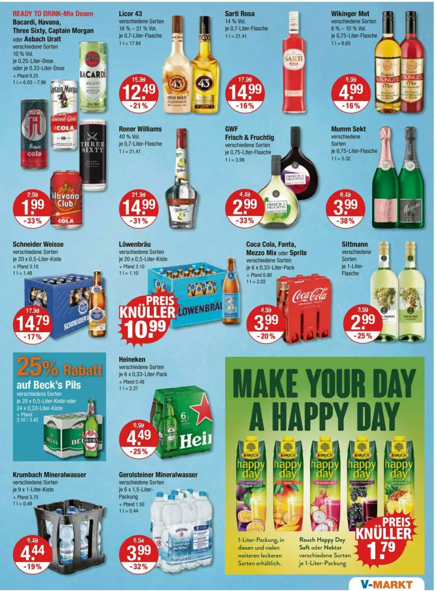 Aktueller Prospekt Vmarkt - Prospekte - von 23.10 bis 29.10.2025 - strona 9 - produkty: asbach uralt, bacardi, Cap, captain morgan, cola, drink, eis, fanta, flasche, frucht, Happy Day, heineken, licor, licor 43, Mezzo Mix, mumm, Nektar, oder sprite, Rauch, saft, sekt, sprite, Three Sixty, Ti