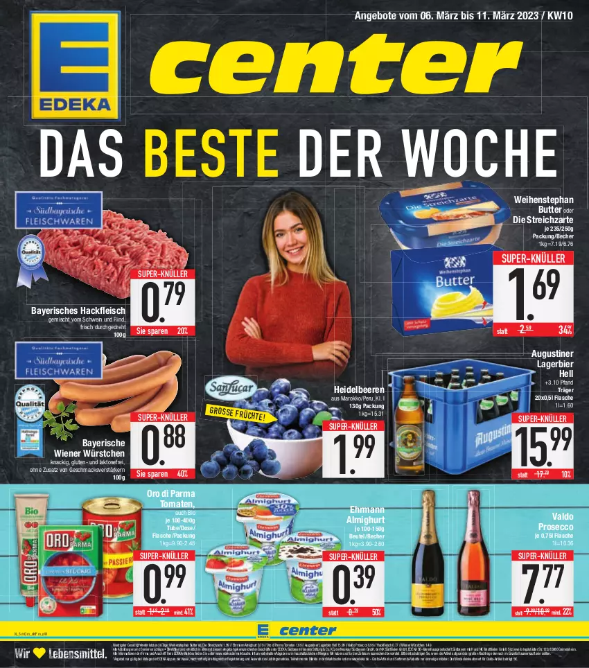 Aktueller Prospekt E Center - Angebote der Woche - von 06.03 bis 11.03.2023 - strona 1 - produkty: almighur, almighurt, angebot, angebote, Becher, beere, beeren, beutel, bier, bio, butter, deka, ecco, ehrmann, ehrmann almighurt, eis, flasche, fleisch, hackfleisch, hackfleisch gemischt, heidelbeere, heidelbeeren, Lagerbier, lebensmittel, LG, mac, oro di parma, prosecco, reis, rind, schwein, schwein und rind, Streichzart, super-knüller, Ti, tomate, tomaten, valdo, vom schwein und rind, weihenstephan, wein, wiener, wiener würstchen, würstchen, ZTE