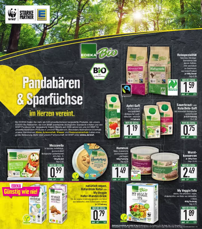 Aktueller Prospekt E Center - Angebote der Woche - von 06.03 bis 11.03.2023 - strona 10 - produkty: apfel, auer, basmati, beutel, bio, deka, direktsaft, drink, edeka bio, eis, erbsen, hafer, Haferdrink, hummus, kichererbsen, Konserven, Kraut, mac, mandel, mozzarella, natur, regal, reis, reiss, rel, rote bete, saft, salz, Sauerkraut, sesam, Spezi, Ti, tisch, Tofu, trolli, veggie, wasser, wurst, wurstkonserven, ZTE, zucker