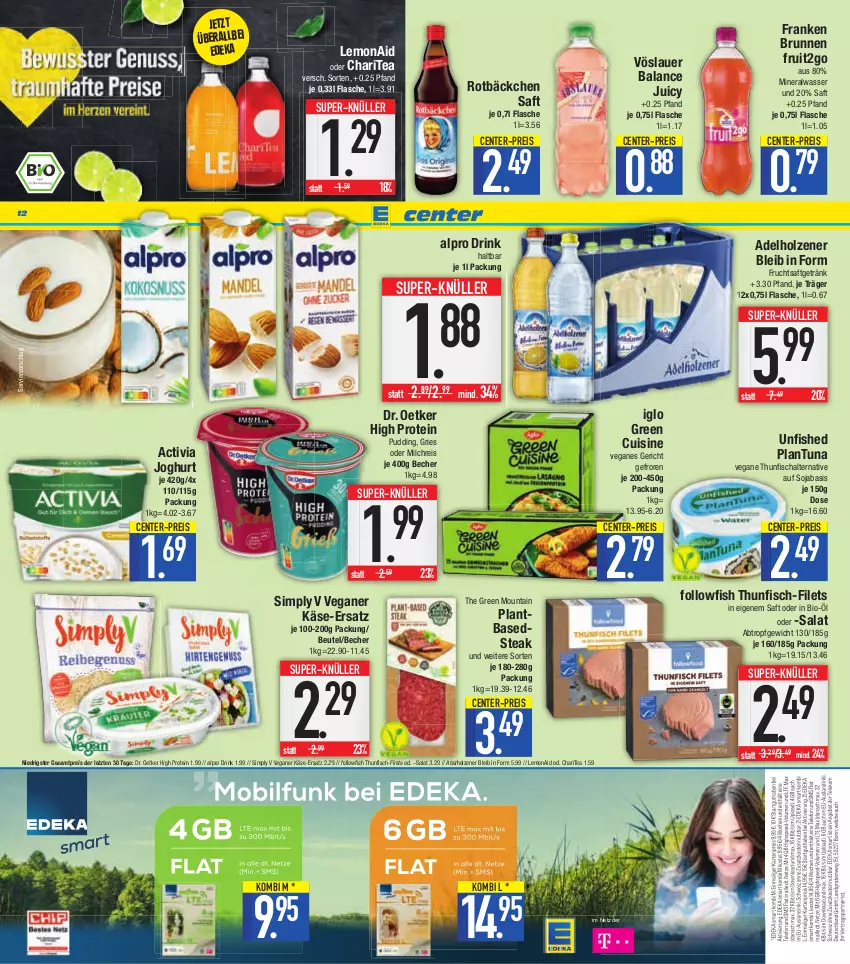 Aktueller Prospekt E Center - Angebote der Woche - von 06.03 bis 11.03.2023 - strona 12 - produkty: activia, activia joghurt, adelholzener, alpro, Alwa, auer, Becher, beutel, bio, brunnen, deka, Dr. Oetker, drink, eis, ente, filet, filets, fisch, flasche, followfish, franken brunnen, frucht, fruchtsaft, fruchtsaftgetränk, getränk, Holz, iglo, joghur, joghurt, Käse, milch, milchreis, mineralwasser, pudding, reis, saft, salat, Schal, sim, soja, steak, super-knüller, thunfisch, Ti, vöslauer, wasser, ZTE