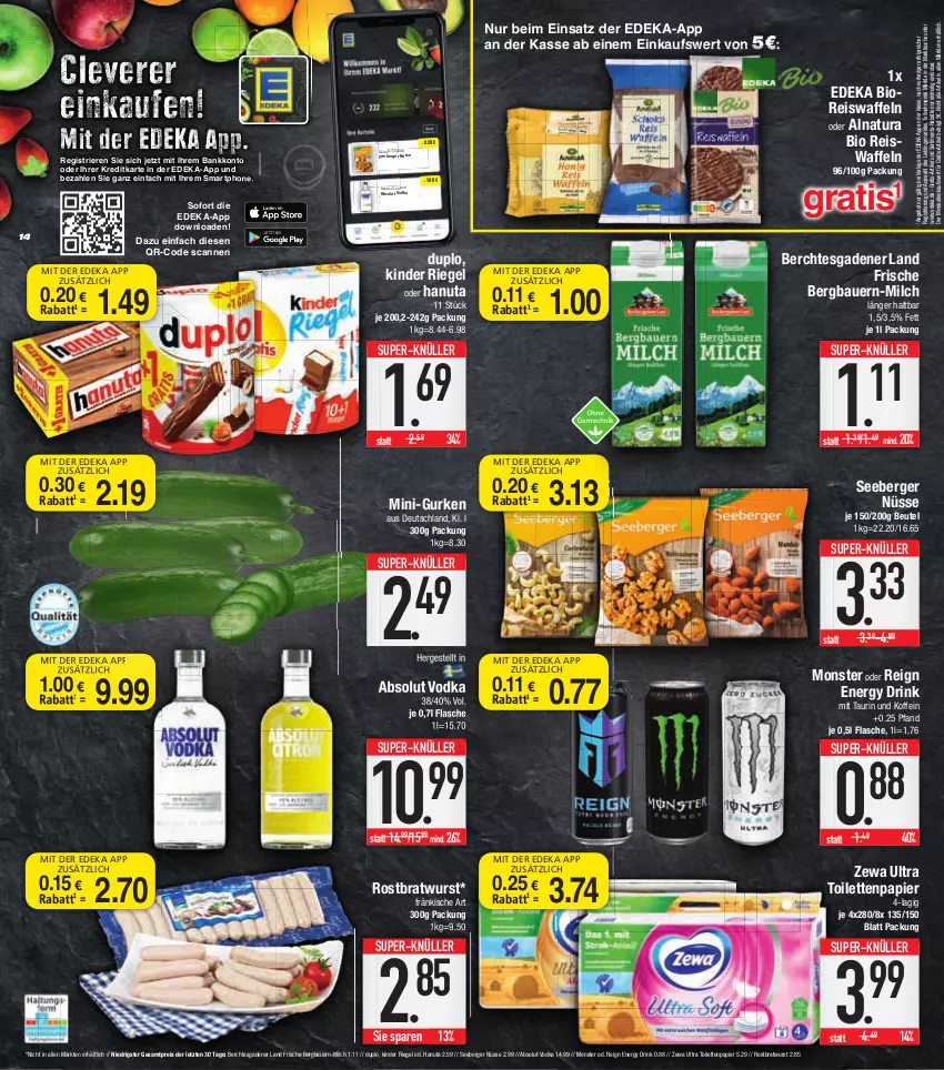 Aktueller Prospekt E Center - Angebote der Woche - von 06.03 bis 11.03.2023 - strona 14 - produkty: Absolut Vodka, angebot, auer, Bank, Bau, Bauer, Berger, beutel, bio, bratwurst, coupon, deka, drink, duplo, edeka bio, eis, eiswaffeln, energy drink, flasche, gurke, gurken, hanuta, Kinder, kinder riegel, LG, milch, mini-gurken, monster, natur, natura, nuss, papier, reis, Reiswaffeln, riegel, rostbratwurst, seeberger, smartphone, super-knüller, Ti, toilettenpapier, vodka, waffeln, wurst, zewa, ZTE