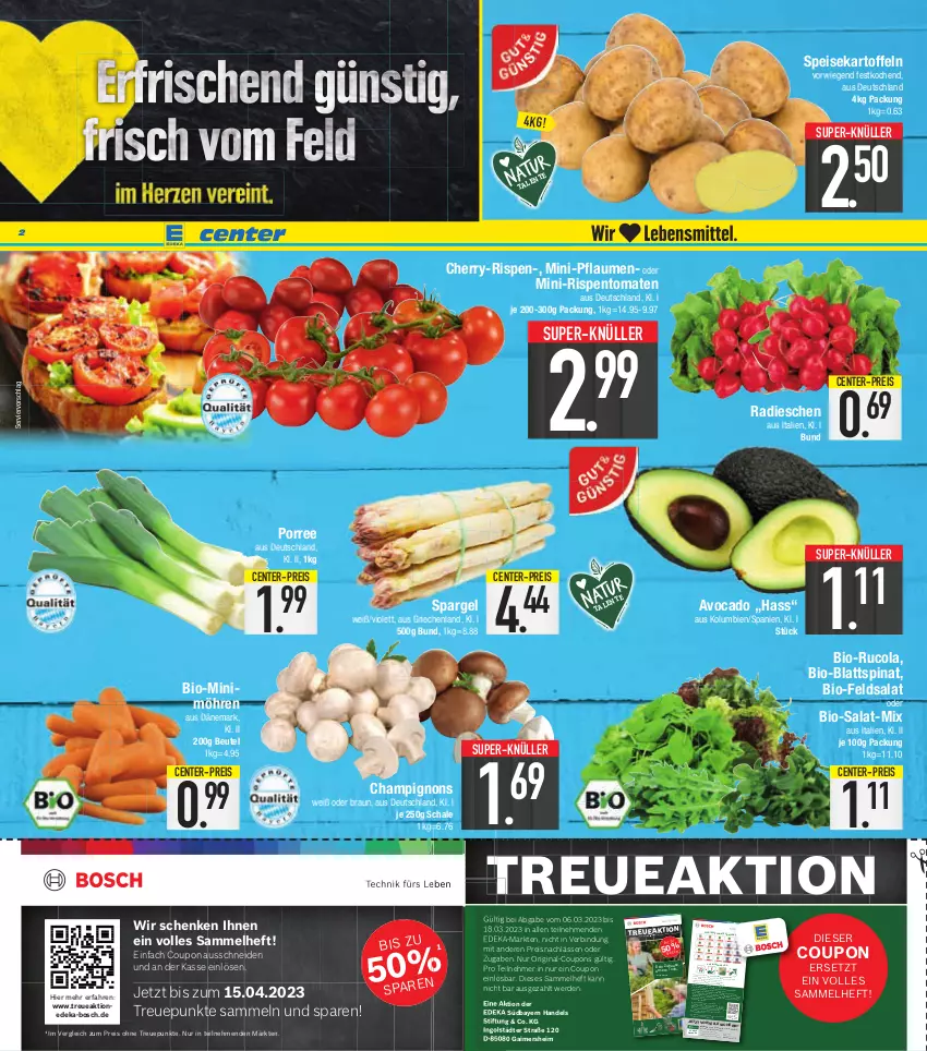 Aktueller Prospekt E Center - Angebote der Woche - von 06.03 bis 11.03.2023 - strona 2 - produkty: abis, avocado, beutel, bio, blattspinat, bosch, braun, champignon, champignons, cola, coupon, coupons, deka, Dosenöffner, Draht, eis, Elektro, elle, ente, erde, feldsalat, flasche, flaschenöffner, gin, gutschein, Holz, kartoffel, kartoffeln, leine, LG, mac, messer, mini-rispentomaten, möhren, pflaume, pflaumen, radieschen, reis, rispentomaten, rucola, rwe, säge, salat, Schal, Schale, Schere, schrauben, spargel, speisekartoffeln, spinat, super-knüller, Tchibo, telefon, Ti, tomate, tomaten