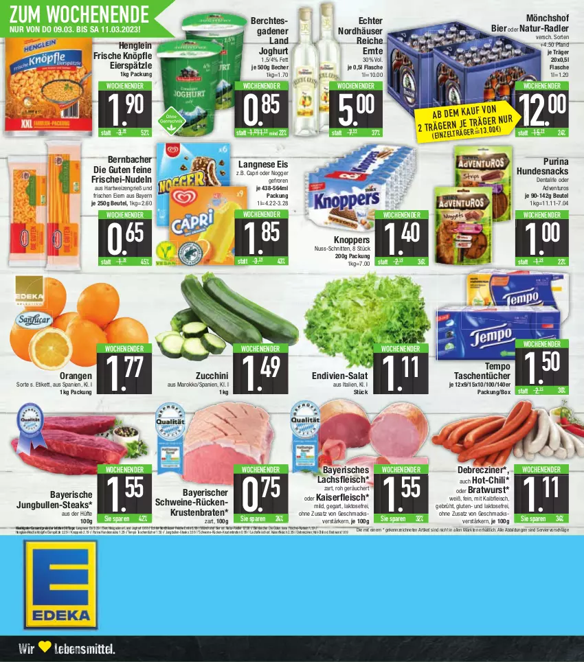 Aktueller Prospekt E Center - Angebote der Woche - von 06.03 bis 11.03.2023 - strona 20 - produkty: adventuros, Becher, bernbacher, beutel, bier, braten, bratwurst, Cap, chili, debrecziner, eier, eierspätzle, eis, flasche, fleisch, frischei-nudeln, hartweizen, henglein, hundesnack, hundesnacks, joghur, joghurt, jungbullen, Kaiser, Kalbfleisch, knoppers, krustenbraten, lachs, langnese, langnese eis, lebensmittel, mac, mit kalbfleisch, mönchshof, natur, nogger, nudel, nudeln, nuss, orange, orangen, purina, radler, reis, salat, schnitten, schwein, schweine, snack, snacks, steak, steaks, Tasche, taschen, taschentücher, Tempo, Ti, tücher, wein, weine, wurst, ZTE, zucchini