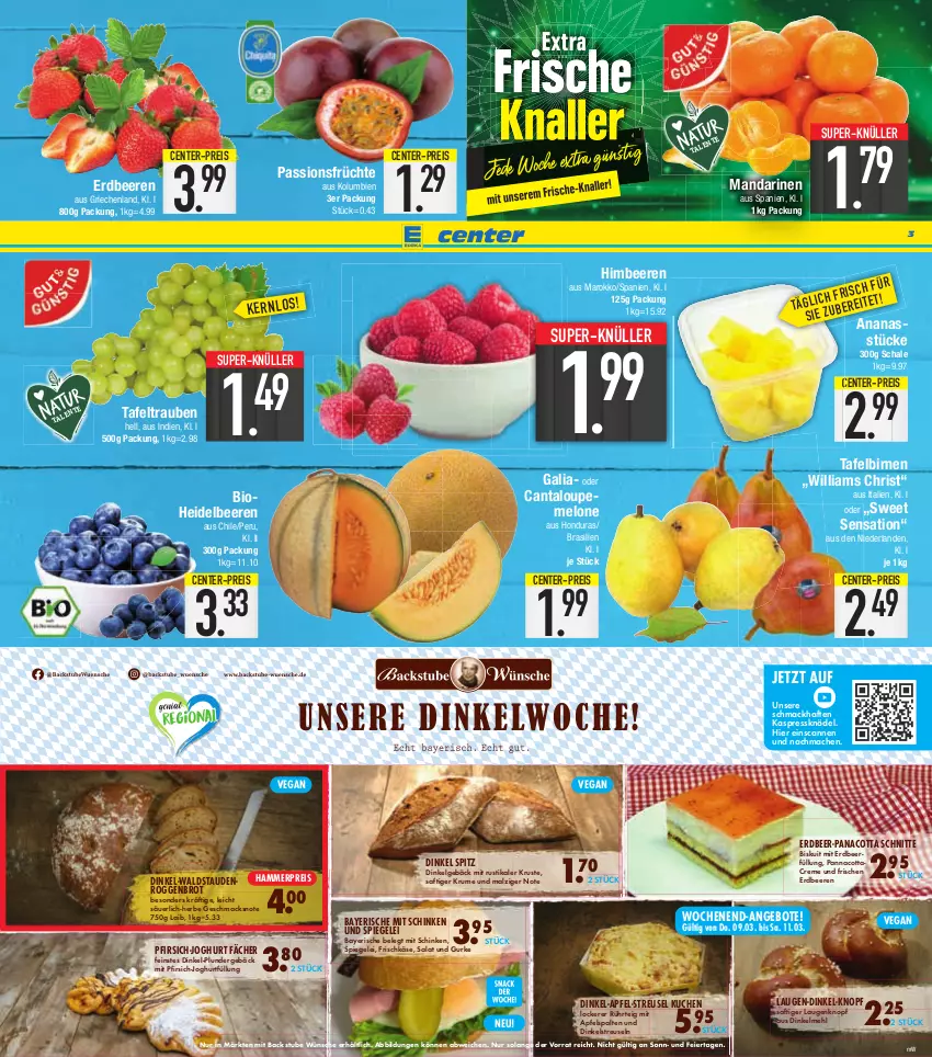 Aktueller Prospekt E Center - Angebote der Woche - von 06.03 bis 11.03.2023 - strona 3 - produkty: ananas, Ananasstücke, angebot, angebote, apfel, beere, beeren, bio, Birnen, brot, creme, dinkelmehl, eier, eis, ente, erdbeere, erdbeeren, frischkäse, früchte, gurke, heidelbeere, heidelbeeren, himbeer, himbeere, himbeeren, joghur, joghurt, Käse, Knödel, kuchen, LG, mac, malz, mandarine, mandarinen, mehl, melone, pfirsich, Plunder, reis, rum, saft, salat, Schal, Schale, schinken, spiegel, stauden, stube, super-knüller, tafelbirnen, tafeltrauben, Ti, trauben