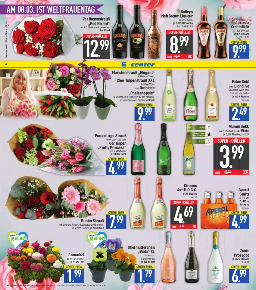 Aktueller Prospekt E Center - Angebote der Woche - von 06.03 bis 11.03.2023 - strona 6 - produkty: alkohol, amarula, aperol, asti, baileys, cin, cinzano, Cinzano Asti, cocktail, ecco, eier, eis, ente, flasche, Geflügel, Gerber, irish cream, Kraut, likör, liqueur, mumm, orchidee, pflanze, pflanzen, phalaenopsis, prosecco, reis, rosen, Rosenstrauß, sekt, super-knüller, Ti, topf, Vegeta, wein, zonin, ZTE