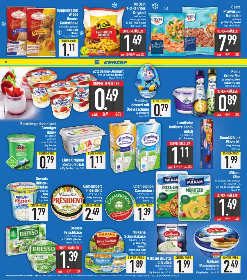 Aktueller Prospekt E Center - Angebote der Woche - von 06.03 bis 11.03.2023 - strona 8 - produkty: aufstrich, Becher, beutel, bresso, brot, brotaufstrich, camembert, champignon, coppenrath, creme, dessert, di bufala, eis, Eis Dessert, ente, flasche, frischkäse, galbani, garnelen, gervais, gin, Goldstücke, joghur, joghurt, Käse, landliebe, landmilch, lätta, latte, mascarpone, mccain, milch, milka, milkana, milram, mozzarella, pizza, prawns, pudding, quark, rama, rama cremefine, reis, rel, sahne, Schmelzkäse, super-knüller, Ti, zott, ZTE