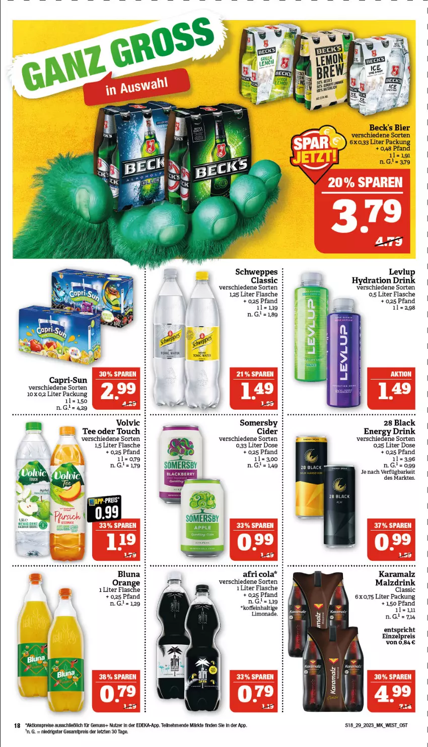 Aktueller Prospekt Marktkauf - Prospekt - von 17.07 bis 22.07.2023 - strona 18 - produkty: Afri Cola, aktionspreis, beck's, bier, Cap, capri-sun, cider, cola, deka, drink, eis, energy drink, flasche, karamalz, lack, malz, nuss, orange, rama, reis, schweppes, somersby, tee, Ti, volvic, ZTE