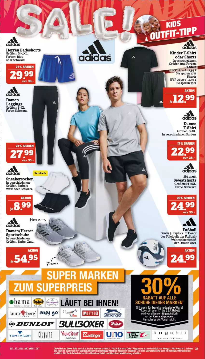 Aktueller Prospekt Marktkauf - Prospekt - von 17.07 bis 22.07.2023 - strona 37 - produkty: Bad, badeshorts, ball, damen t-shirt, eis, Fußball, gin, herren badeshort, Kinder, leggings, Meister, schuhe, shirt, shorts, slazenger, sneaker, sneakersocken, socken, sweatshorts, T-Shirt, Ti