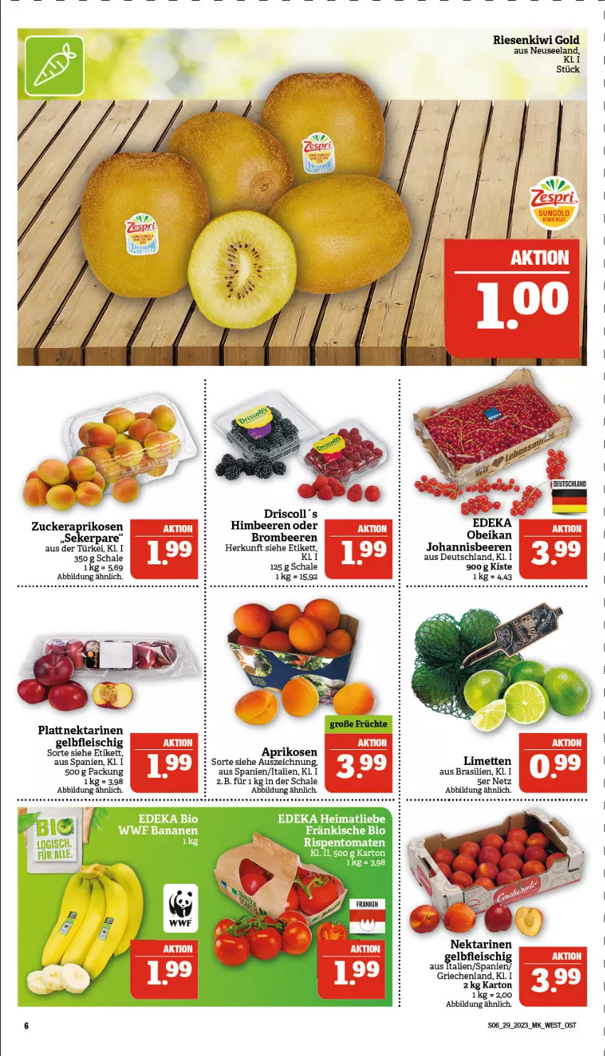 Aktueller Prospekt Marktkauf - Prospekt - von 17.07 bis 22.07.2023 - strona 6 - produkty: aprikose, aprikosen, Bau, beere, beeren, bio, brombeere, brombeeren, deka, eis, Elan, fleisch, gin, himbeer, himbeere, himbeeren, johannisbeere, Johannisbeeren, kiwi, Kiwi Gold, limette, limetten, Mett, metten, Nektar, nektarinen, rispentomaten, Schal, Schale, Ti, tomate, tomaten, zucker